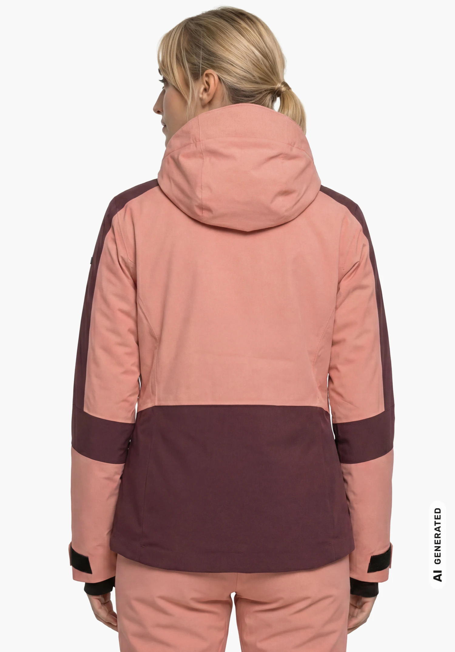 Jacket Style Safuna WMN en rose, porté par un modèle féminin debout et vu de dos avec la capuche relevée sur fond blanc. (Généré par IA)