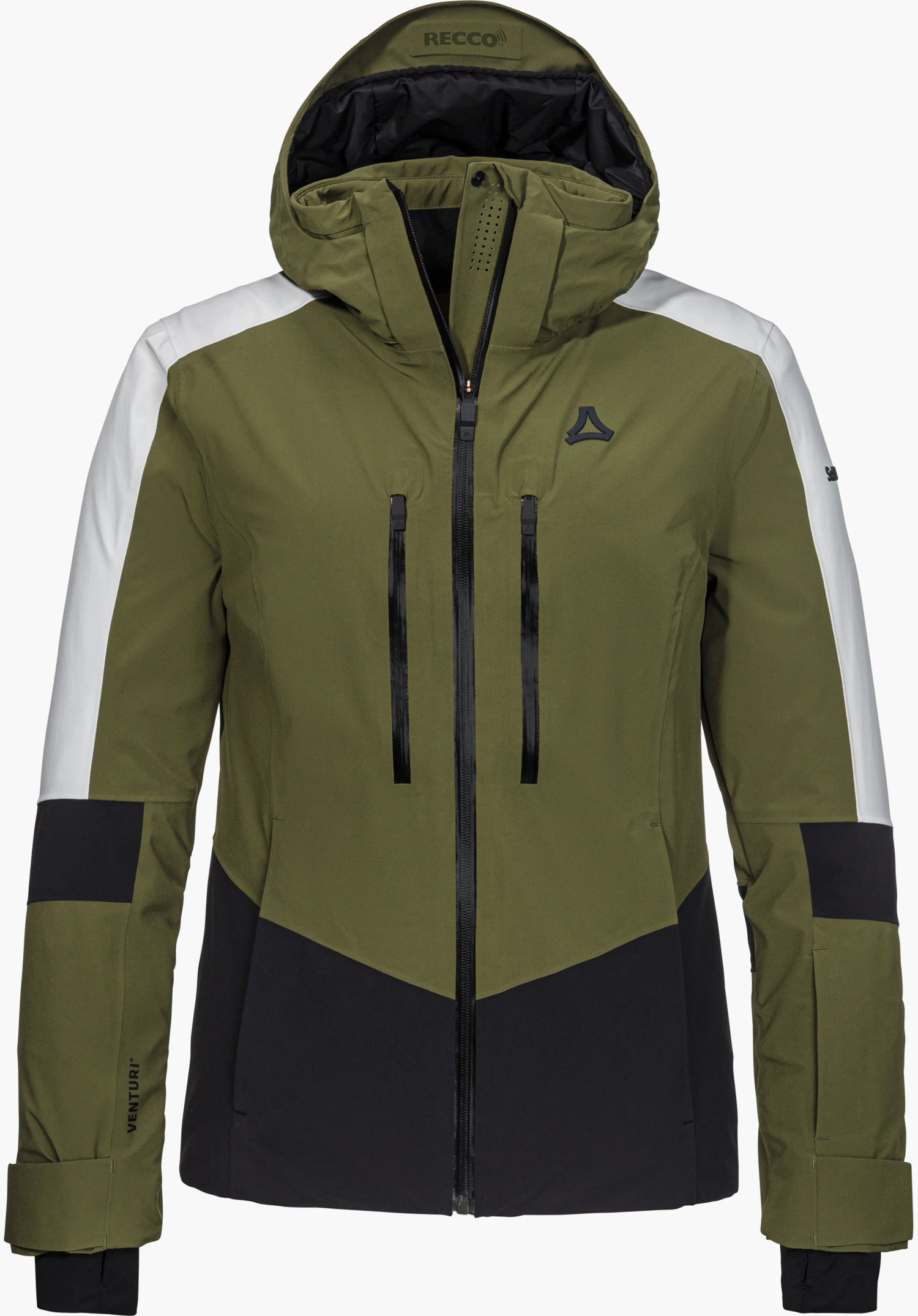 Jacket Style Safuna WMN Skijacke in grün mit Kapuze, Reißverschlusstaschen, weißen Schulterpartien, schwarzen Akzenten und sichtbarem Schöffel-Logo in Frontansicht freigestellt vor weißem Hintergrund.