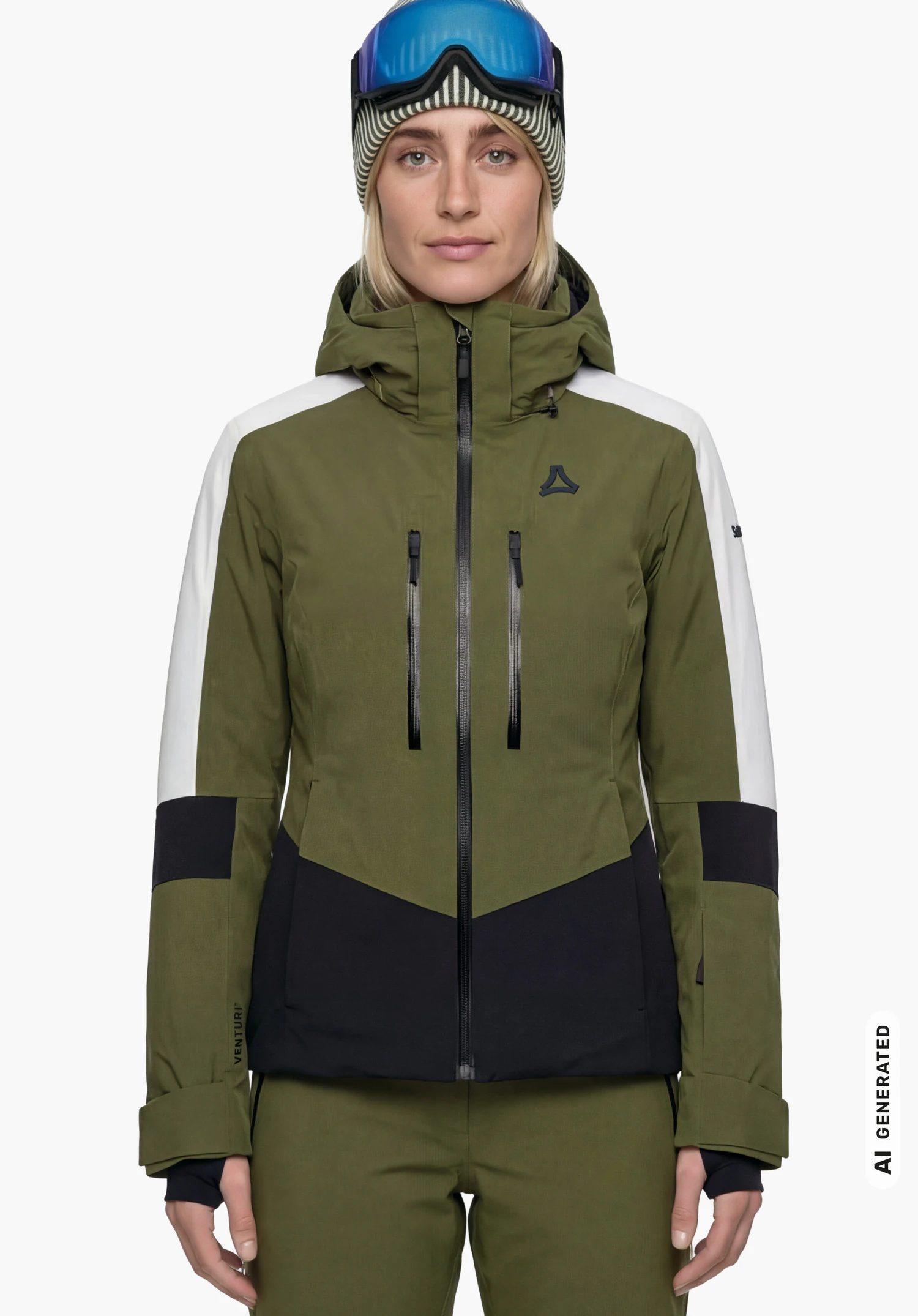 Jacket Style Safuna WMN in grün mit weiß-schwarzen Akzenten, mit Schöffel-Logo auf der Brust, getragen von einem weiblichen Model mit Skibrille und Mütze im aufrechten Stand in Frontansicht mit herabhängenden Armen vor weißem Hintergrund. (KI-generiert)