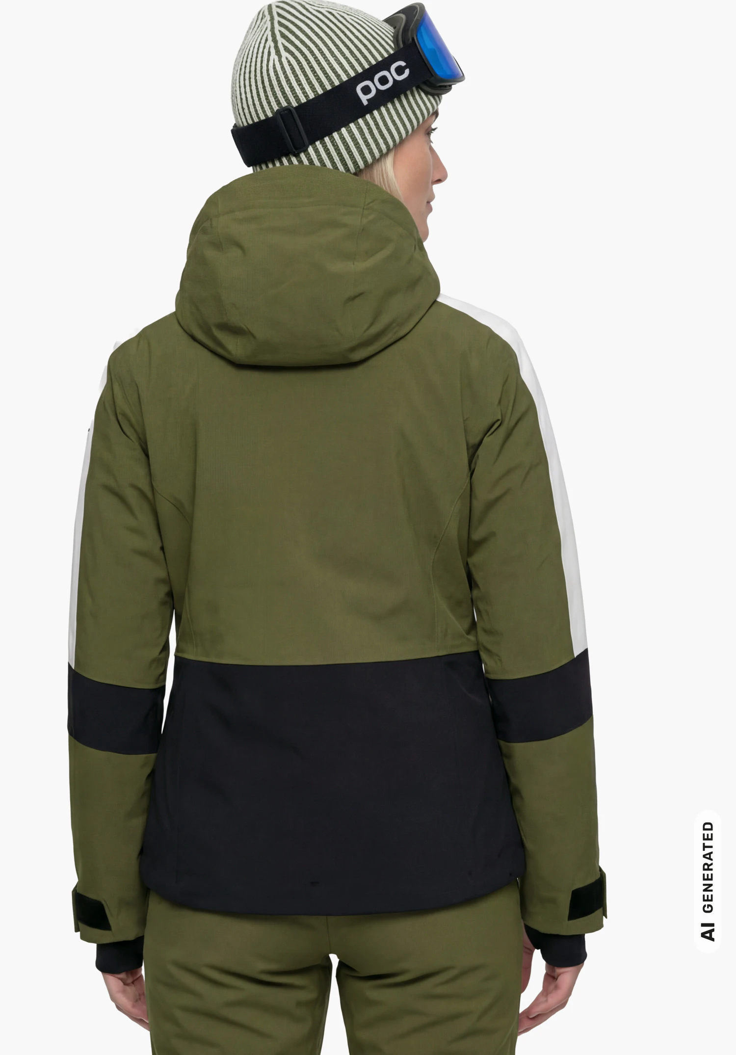 Jacket Style Safuna WMN en vert avec capuche et masque de ski, porté par un modèle féminin vu de dos sur fond blanc. (Généré par IA)