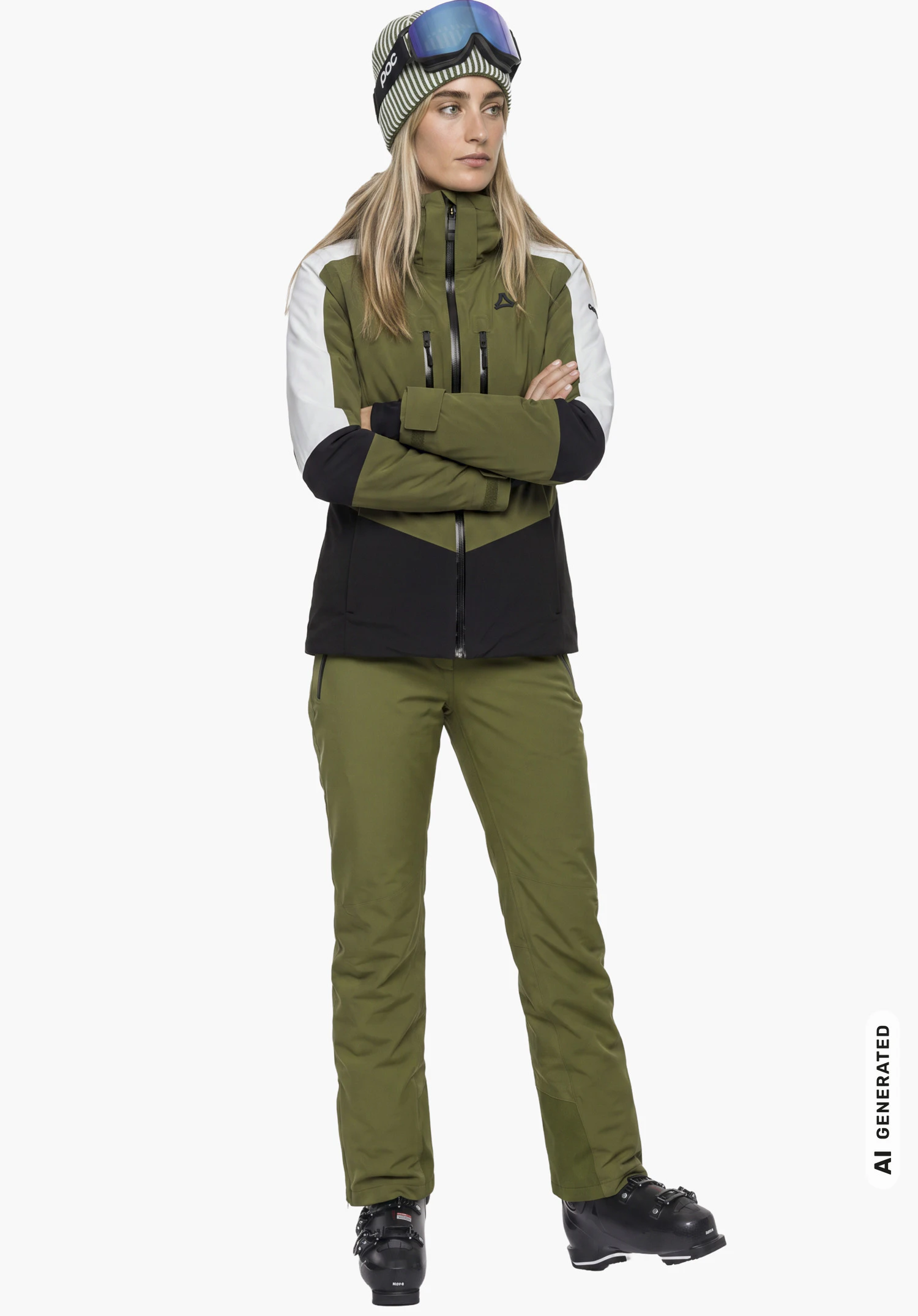 Jacket Style Safuna WMN en vert avec le logo Schöffel, porté par un mannequin femme les bras croisés en vue de profil sur fond blanc. (Généré par IA)