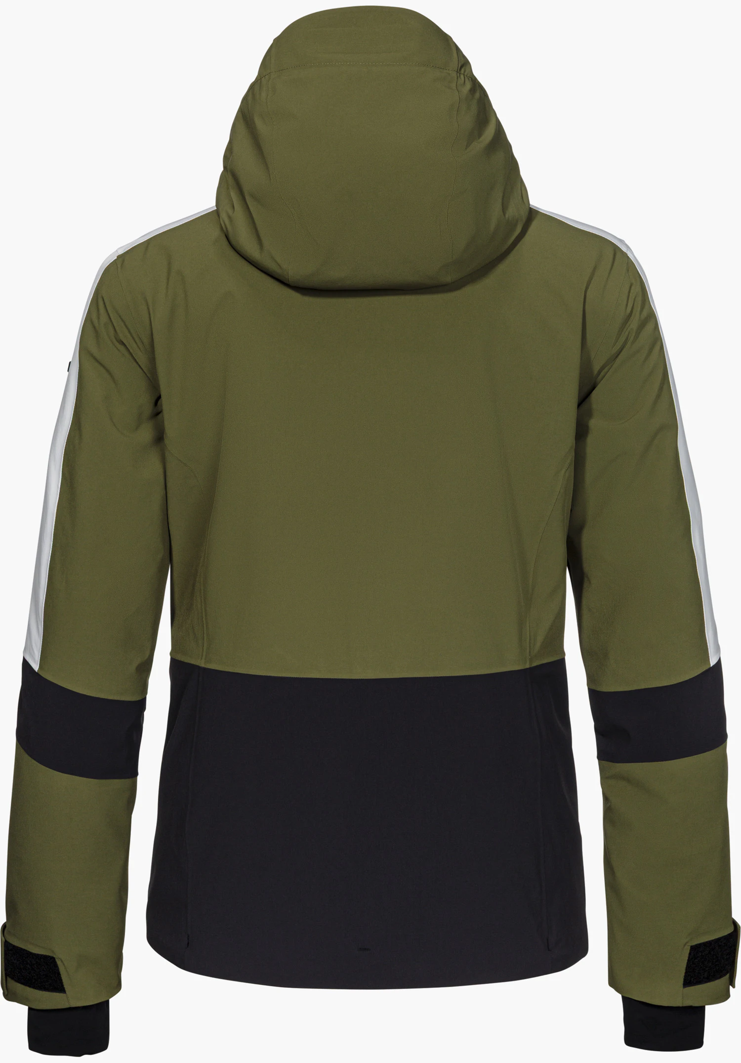 Jacket Style Safuna WMN, veste de ski verte, vue de dos avec capuche et design bicolore, détourée sur fond blanc.