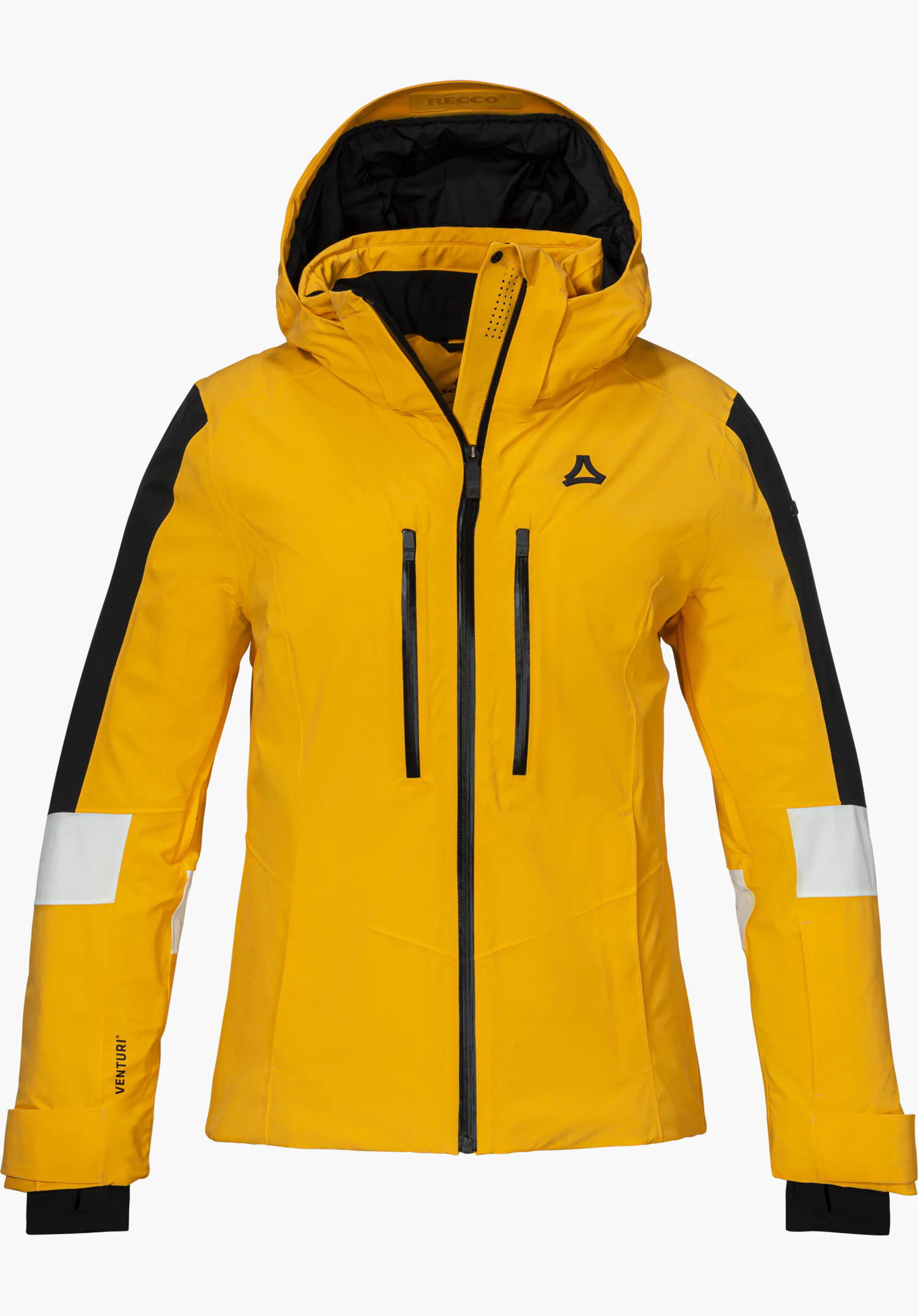 Jacket Style Safuna WMN Skijacke in gelb mit Kapuze, Frontreißverschluss und schwarzem Schöffel-Logo in Frontansicht freigestellt vor weißem Hintergrund.