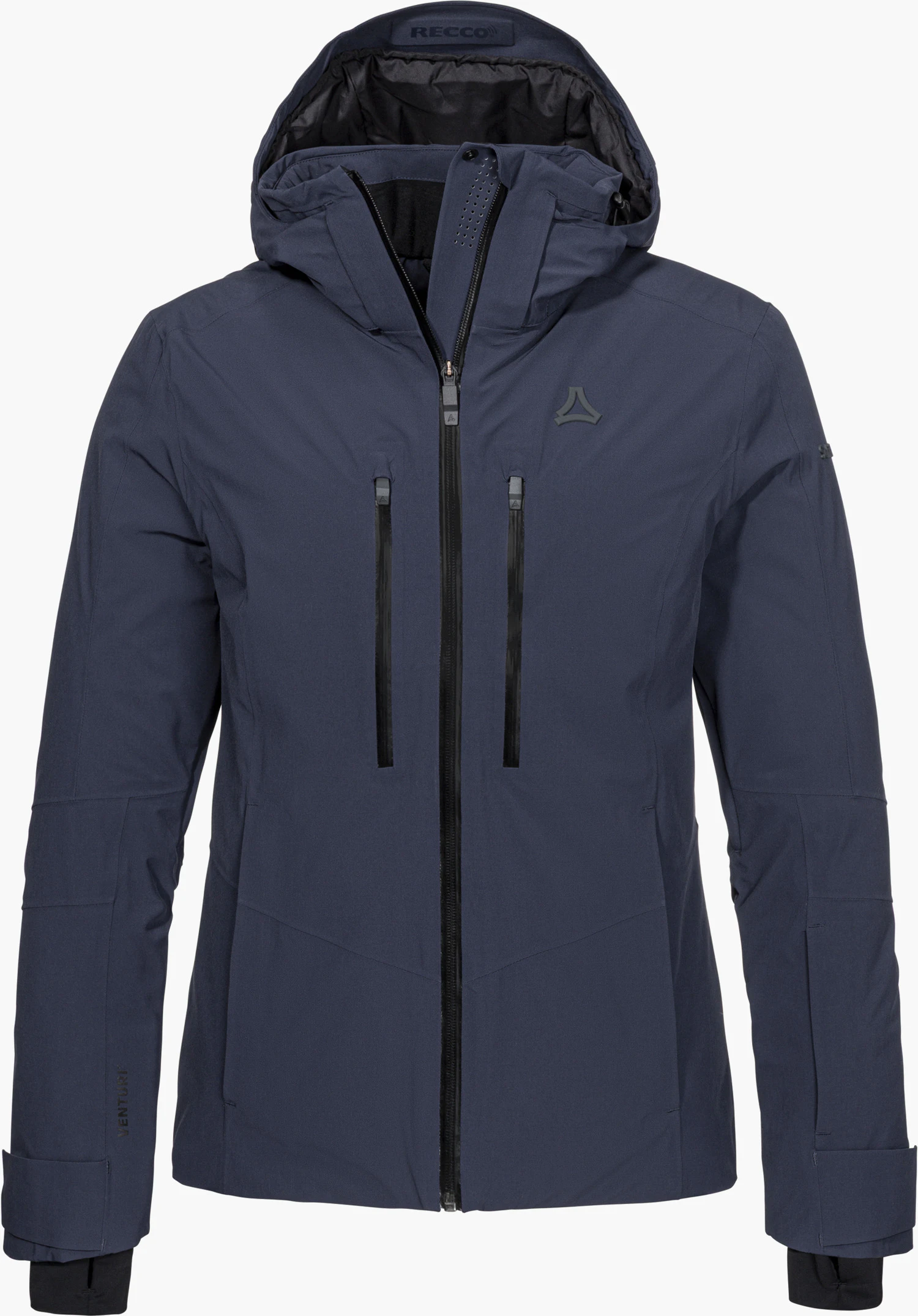 Jacket Style Safuna WMN Skijacke in blau mit Kapuze, Frontreißverschluss, vertikalen Brusttaschen und Schöffel-Logo in der Frontansicht freigestellt vor weißem Hintergrund.