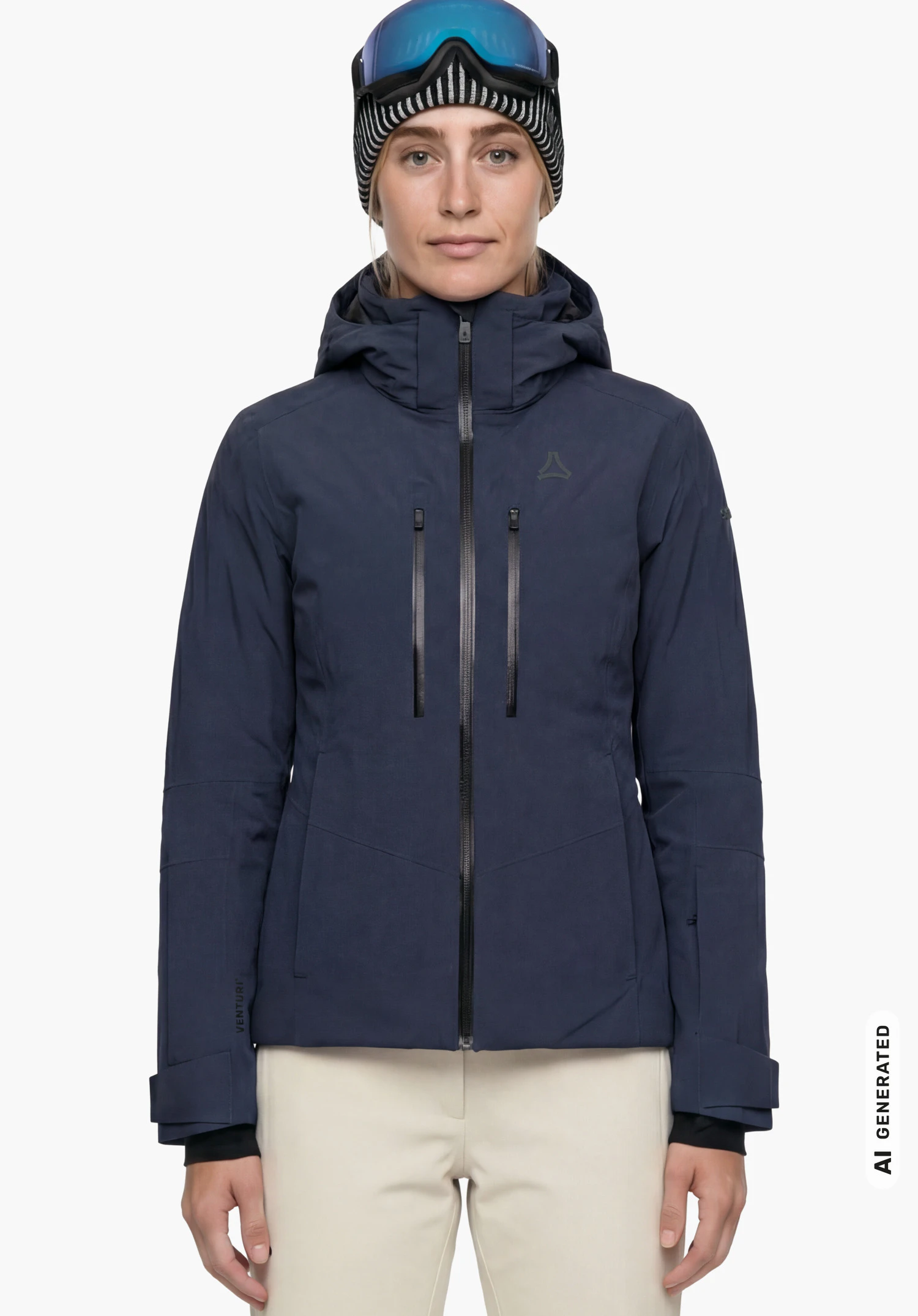 Jacket Style Safuna WMN in blue with Schöffel logo, worn by a female model shown from the front standing upright with arms hanging down against a white background. (AI-generated)