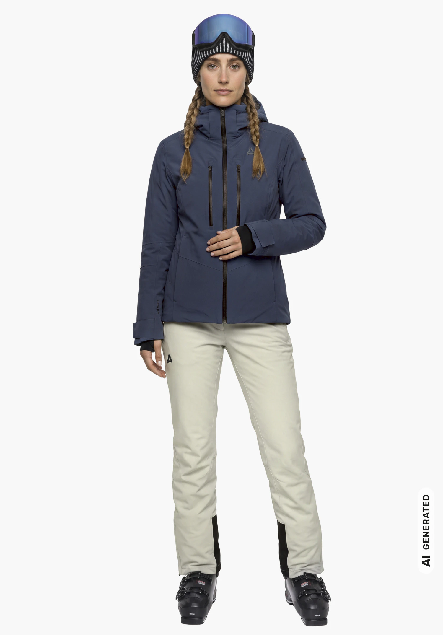 Jacket Style Safuna WMN en bleu avec le logo Schöffel, porté par un mannequin femme en vue de profil, se tenant droite avec une main sur la fermeture éclair sur fond blanc. (Généré par IA)