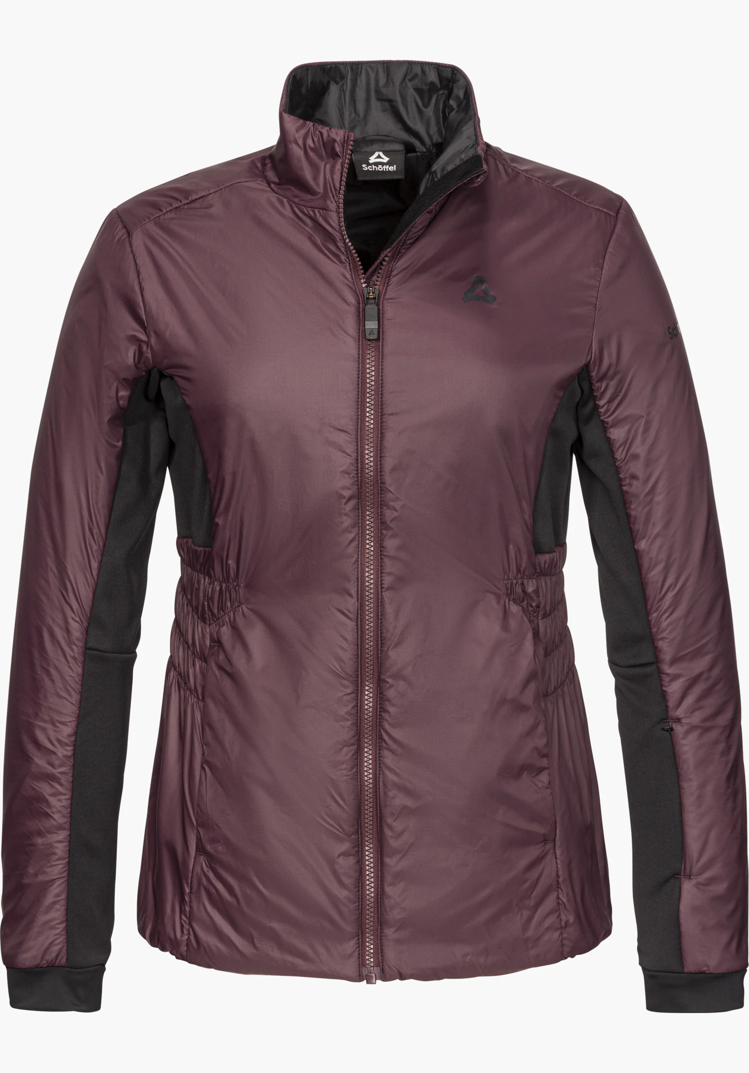 Ins Jacket Style Pontre WMN insulated jacket in purple with full-length zipper, stand-up collar and Schöffel logo on the chest, isolated on a white background.