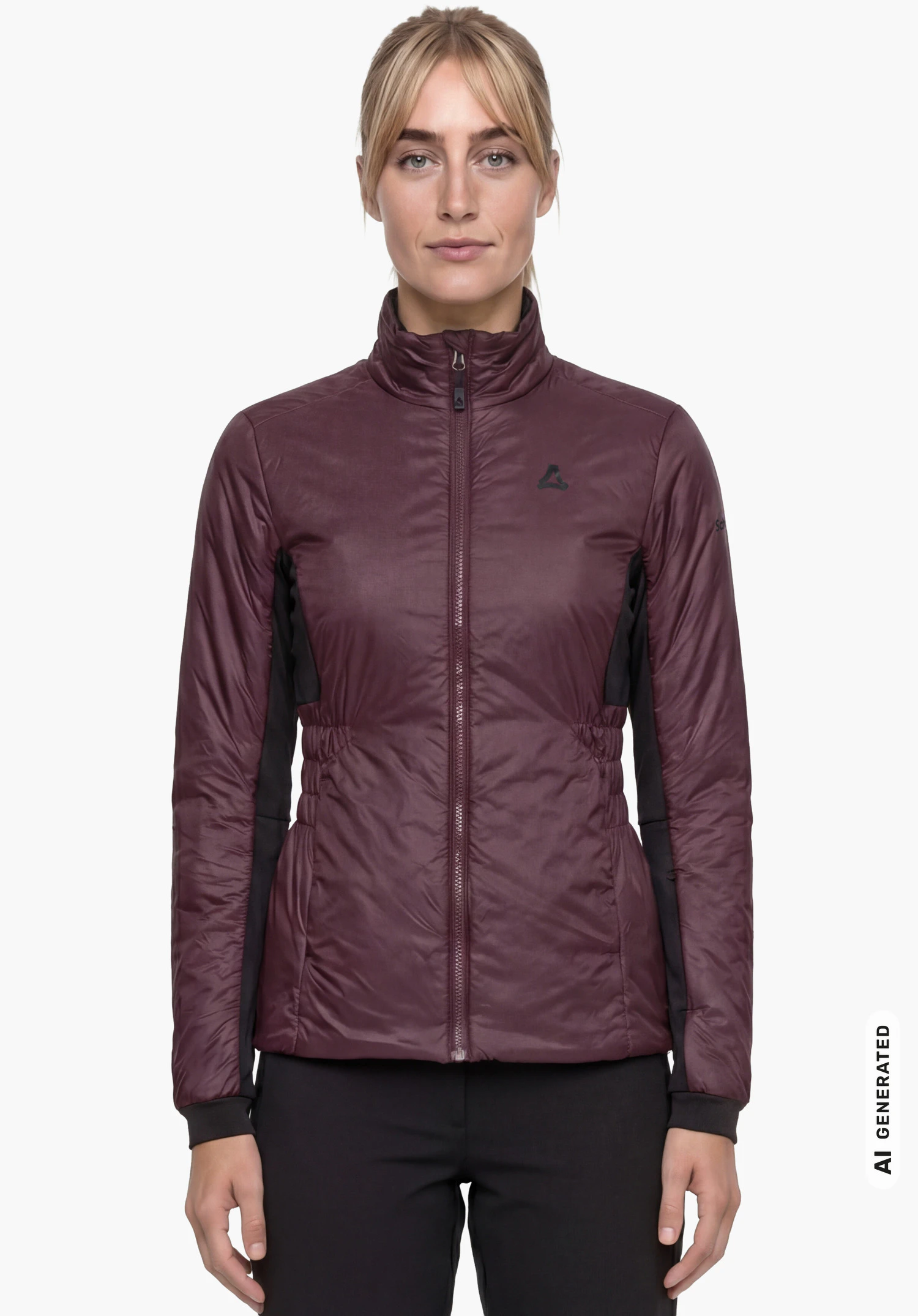 Ins Jacket Style Pontre WMN in purple with Schöffel logo on the chest, worn by a female model standing upright and shown from the front with arms hanging down against a white background. (AI-generated)
