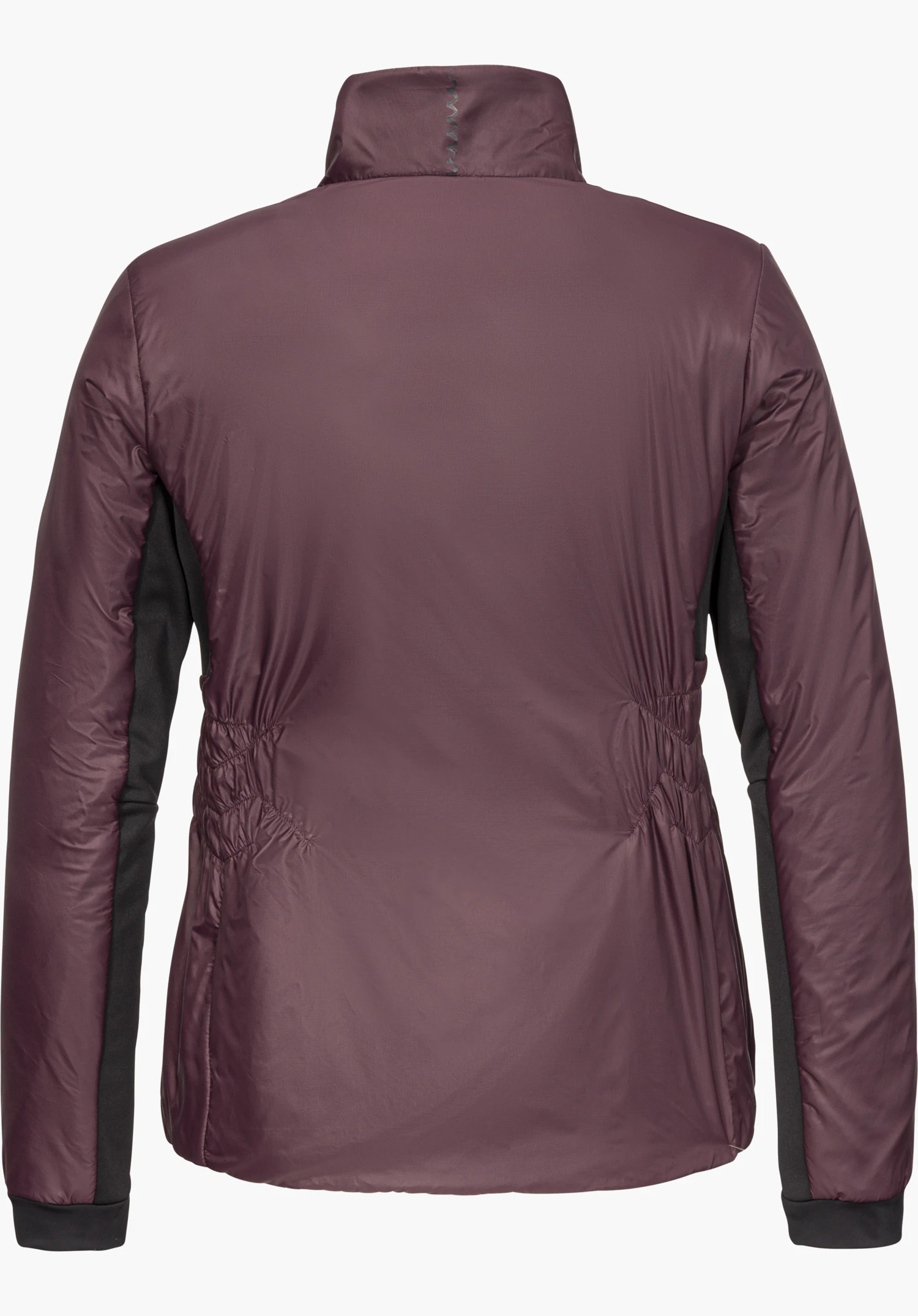 Ins Jacket Style Pontre WMN veste isolante violette vue de dos avec empiècements élastiques sur les côtés et au col montant, détourée sur fond blanc.