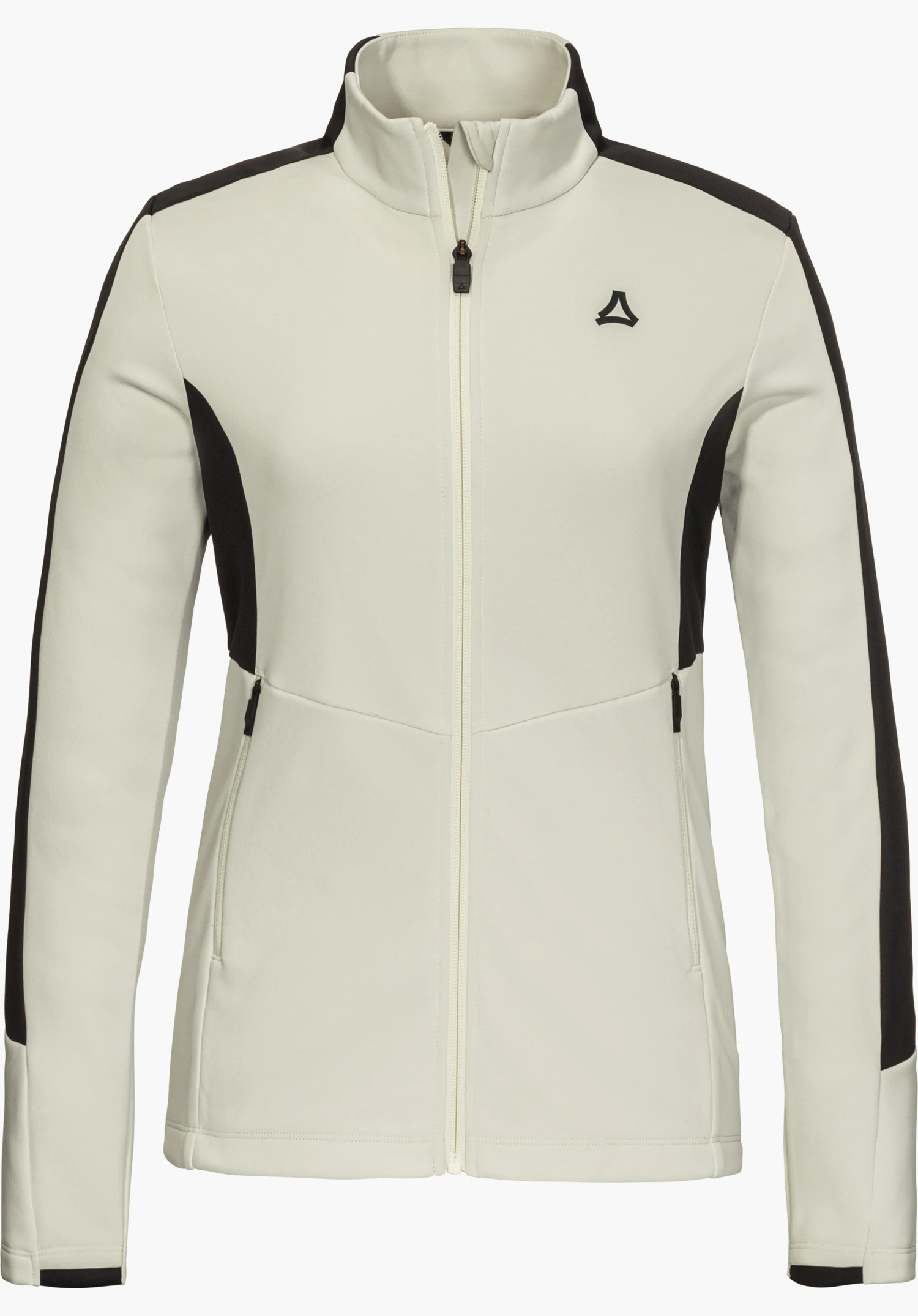 Fleece Jk Style Immerso WMN fleece jacket in natural colour with stand-up collar, full-length zipper, contrasting black inserts on the sleeves and shoulders, and a Schöffel logo on the chest, isolated on a white background.