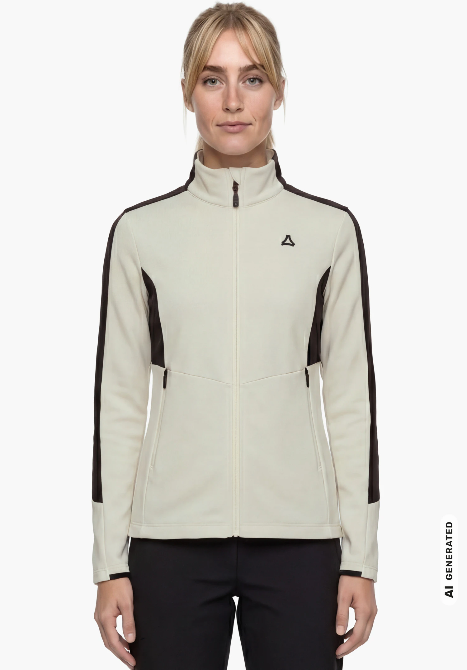 Fleece Jk Style Immerso WMN in natural colour with stand-up collar, black accents and visible Schöffel logo on the chest, worn by a female model standing upright and shown from the front with arms hanging down against a white background. (AI-generated)