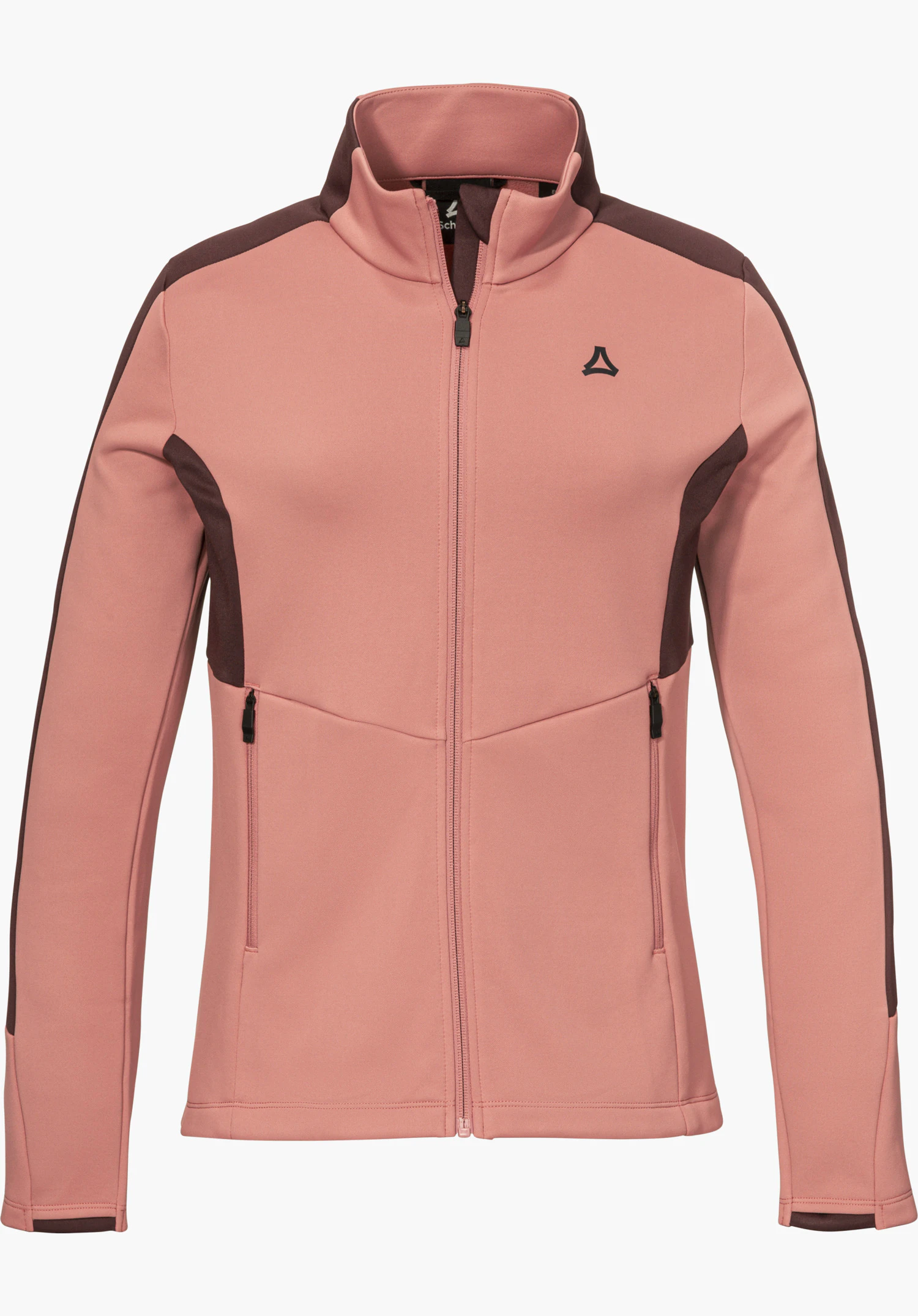 Fleece Jk Style Immerso WMN fleece jacket in pink with stand-up collar, front zipper, contrasting shoulder inserts, side zippered pockets and black Schöffel logo on the chest, isolated on a white background.