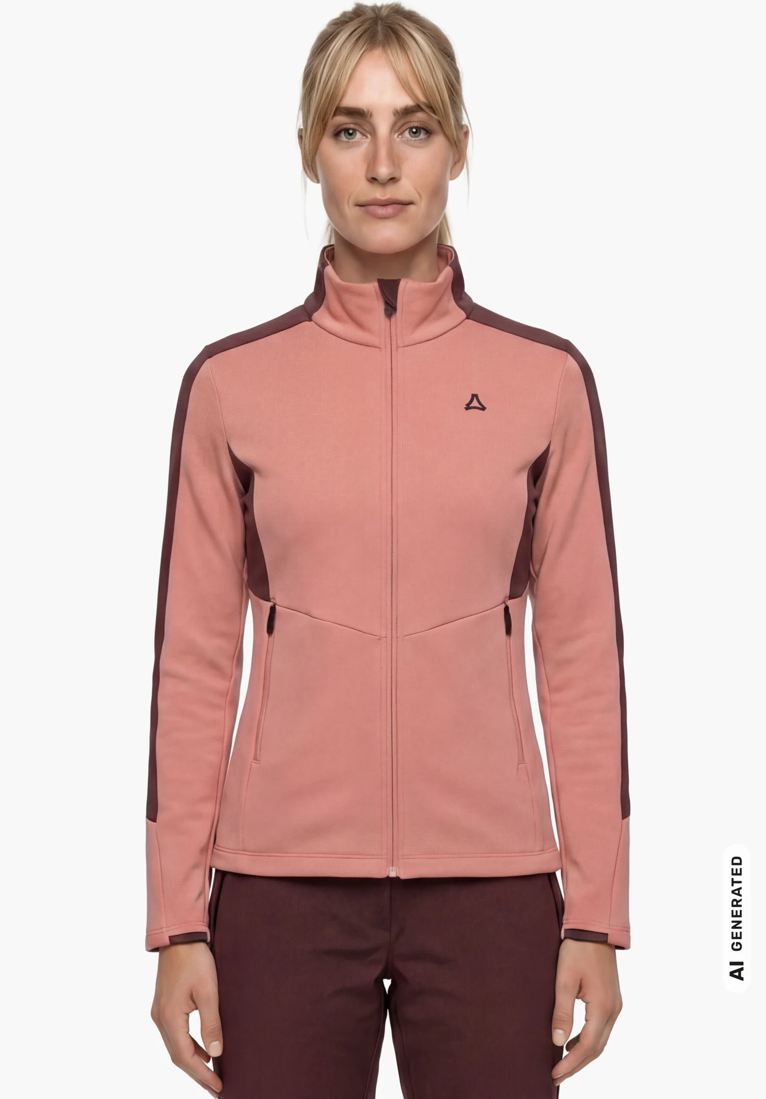 Fleece Jk Style Immerso WMN in pink with Schöffel logo on the chest, worn by a female model shown from the front with arms hanging down against a white background. (AI-generated)