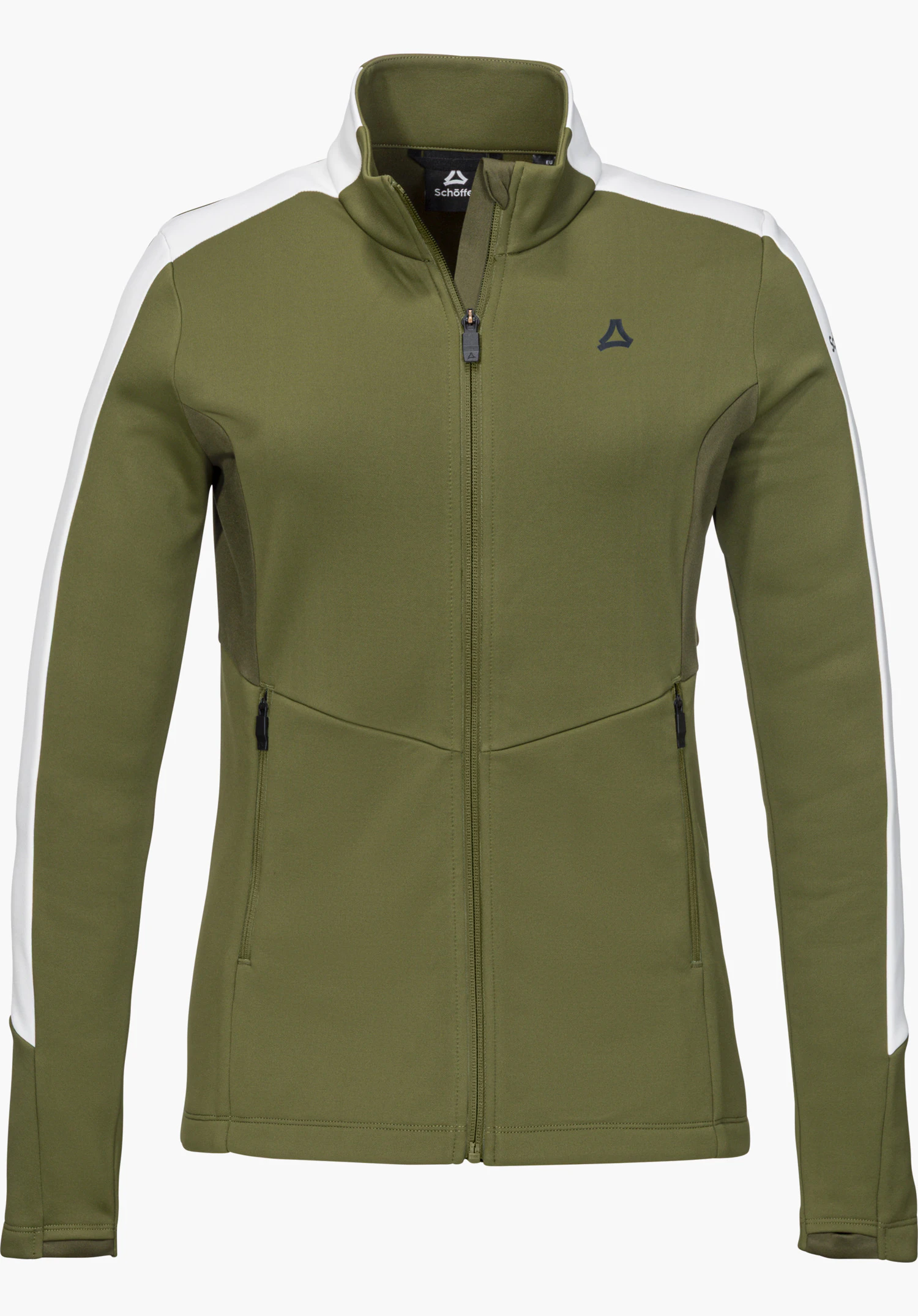 Fleece Jk Style Immerso WMN fleece jacket in green with full-length zipper, stand-up collar, white shoulder panels and dark Schöffel logo on the chest, isolated on a white background.