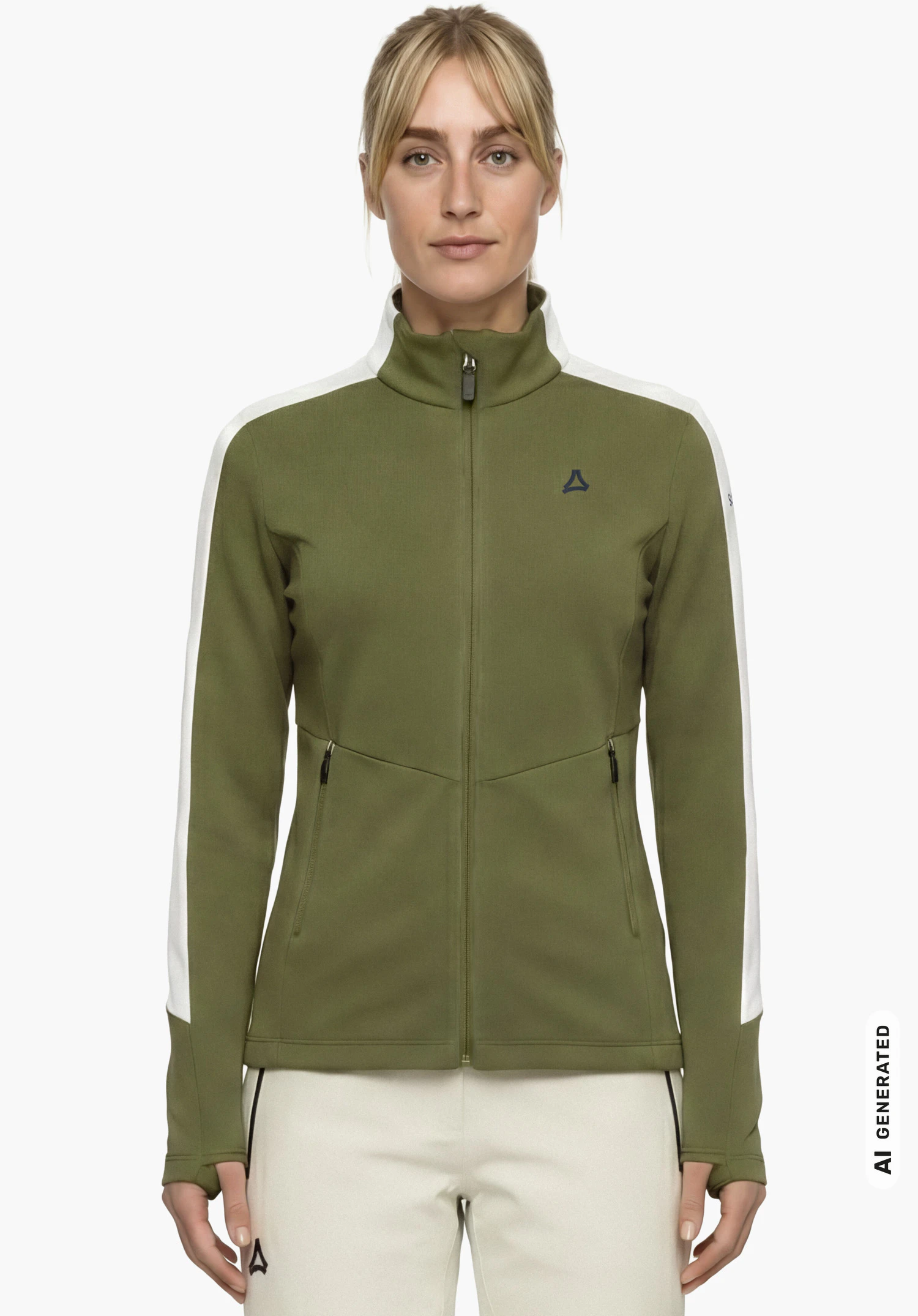 Fleece Jk Style Immerso WMN in green with Schöffel logo on the chest, worn by a female model standing upright and shown from the front against a white background. (AI-generated)