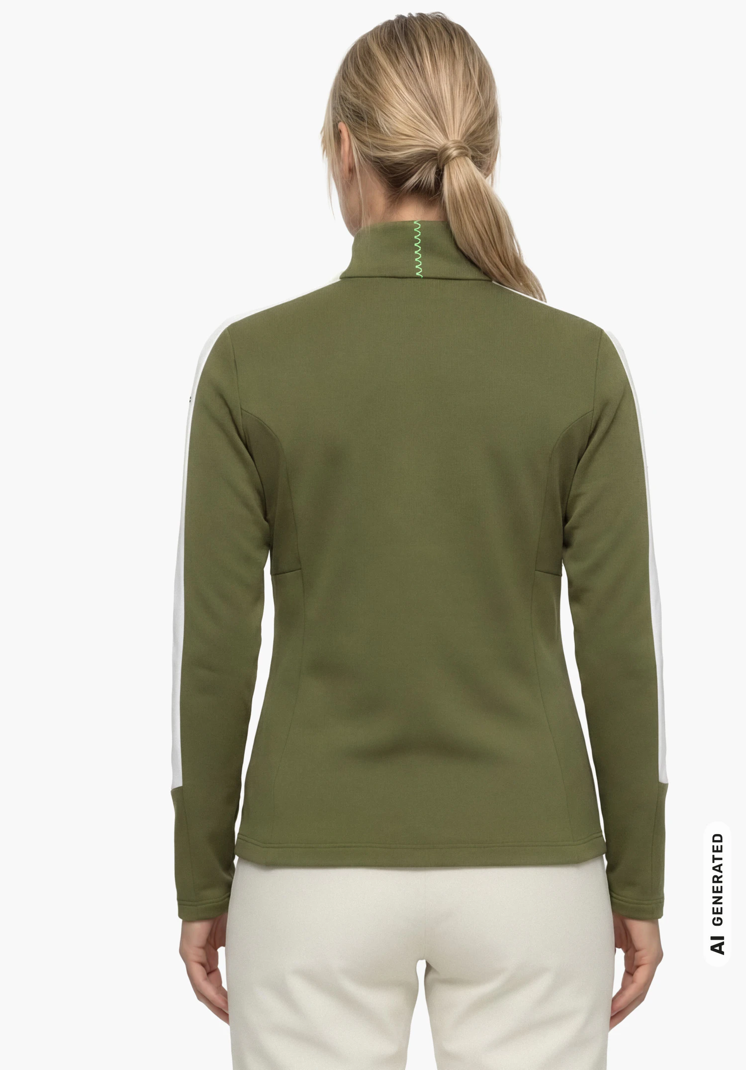 Fleece Jk Style Immerso WMN en vert avec bandes blanches sur les manches, porté par un modèle féminin debout et vu de dos avec les bras le long du corps sur fond blanc. (Généré par IA)
