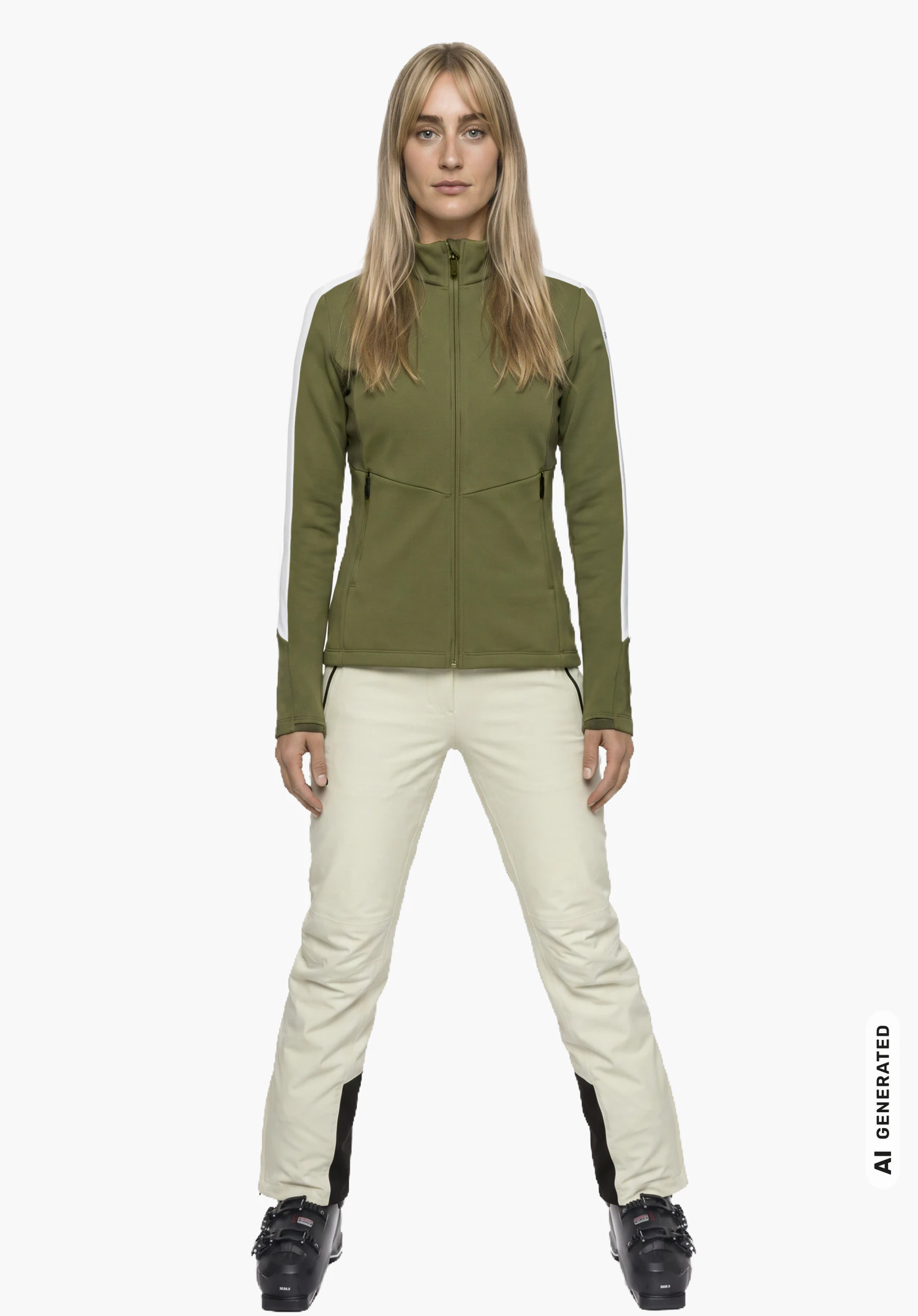 Fleece Jk Style Immerso WMN en vert avec l'inscription Schöffel blanche, porté par un mannequin femme debout bien droite avec les bras pendants en vue de profil sur fond blanc. (Généré par IA)