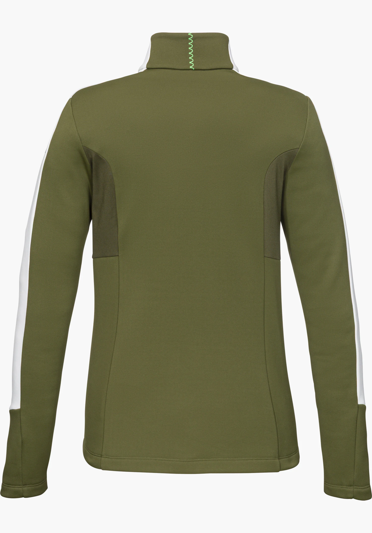 Fleece Jk Style Immerso WMN, veste polaire verte, vue de dos avec col montant et bandes blanches sur les manches, détourée sur fond blanc.