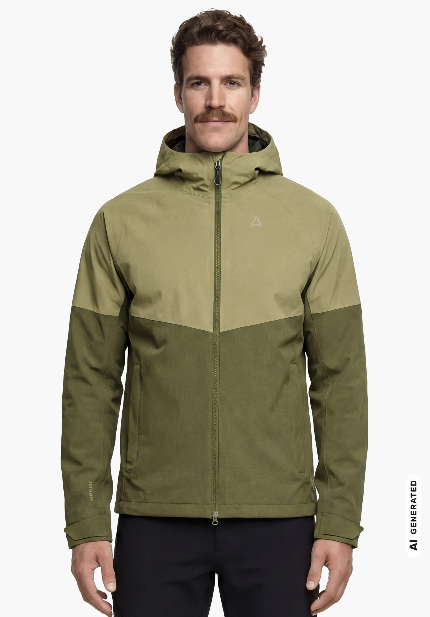 Jacket Style Yew MEN in green with hood and Schöffel logo, worn by a male model standing upright with arms hanging down and shown from the front against a white background. (AI-generated)