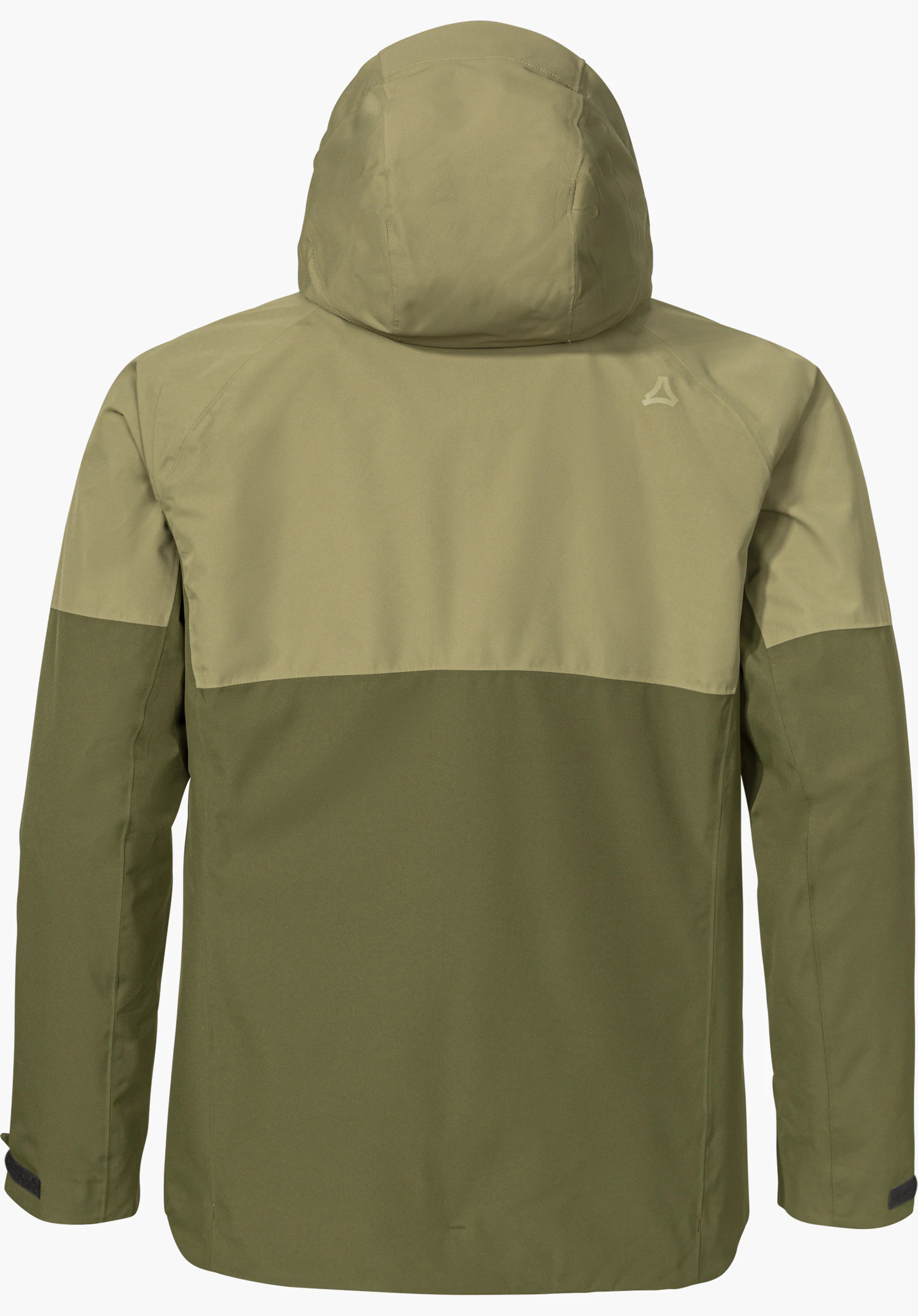 Jacket Style Yew MEN in green, shown from the back with a hood and subtle Schöffel logo on the right shoulder, isolated on a white background.
