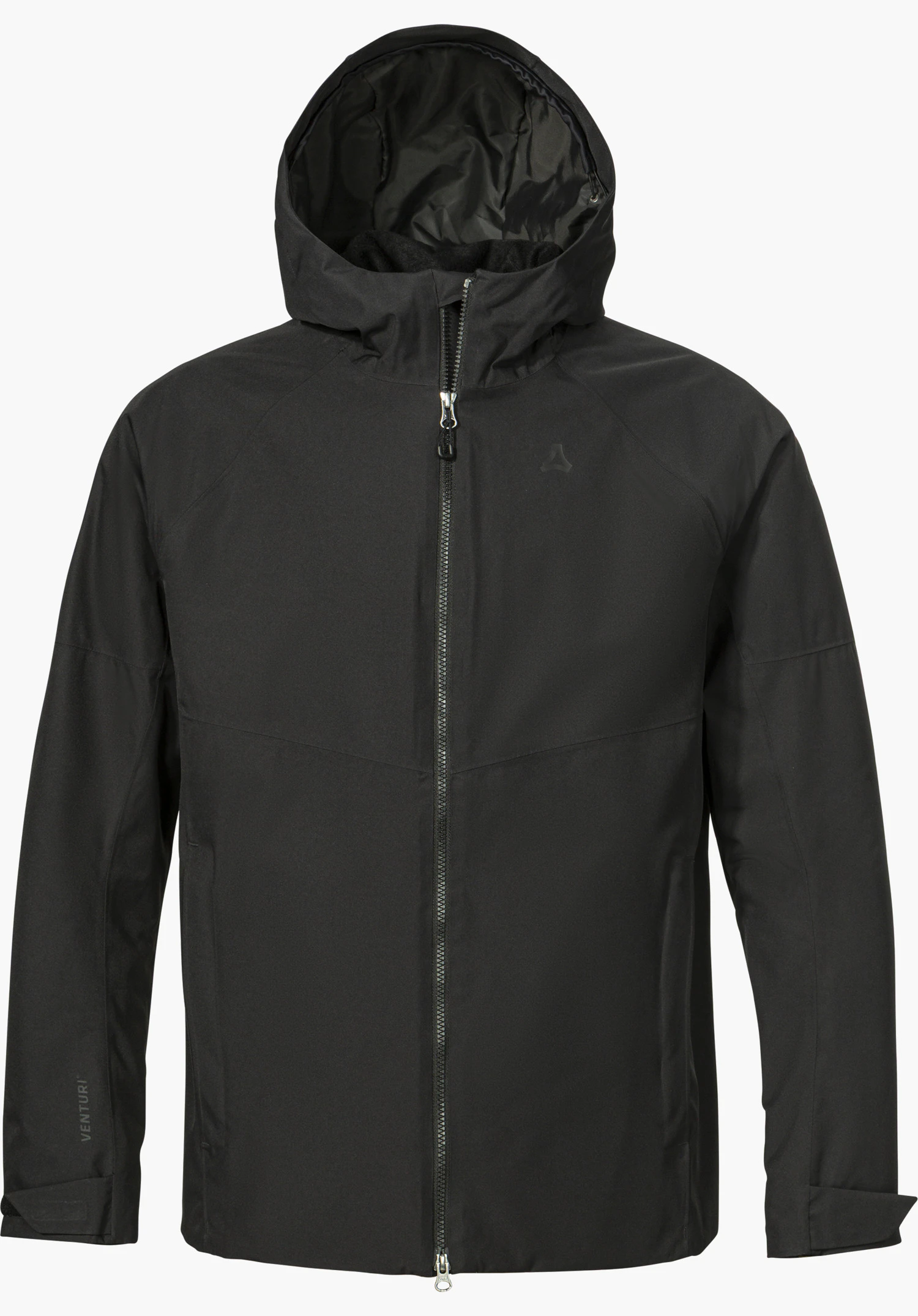 Jacket Style Yew MEN in black with a hood, full-length zipper and subtle Schöffel logo, shown from the front and isolated on a white background.