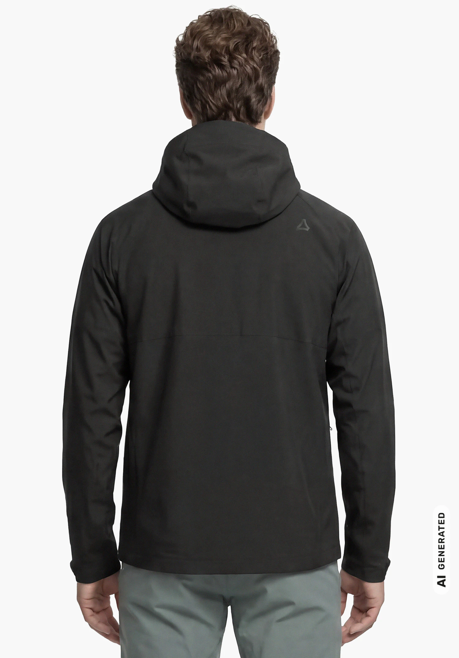 Jacket Style Yew MEN in black with hood, worn by a male model shown from the back with arms hanging down and a subtle Schöffel logo on the right shoulder against a white background. (AI-generated)