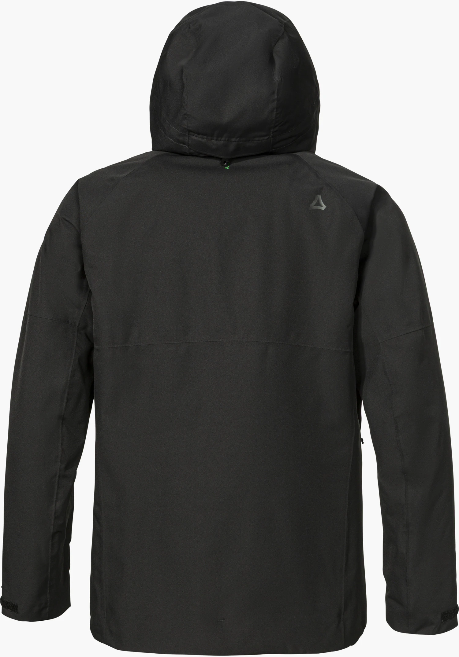 Jacket Style Yew MEN in black, shown from the back with a hood and subtle Schöffel logo, isolated on a white background.