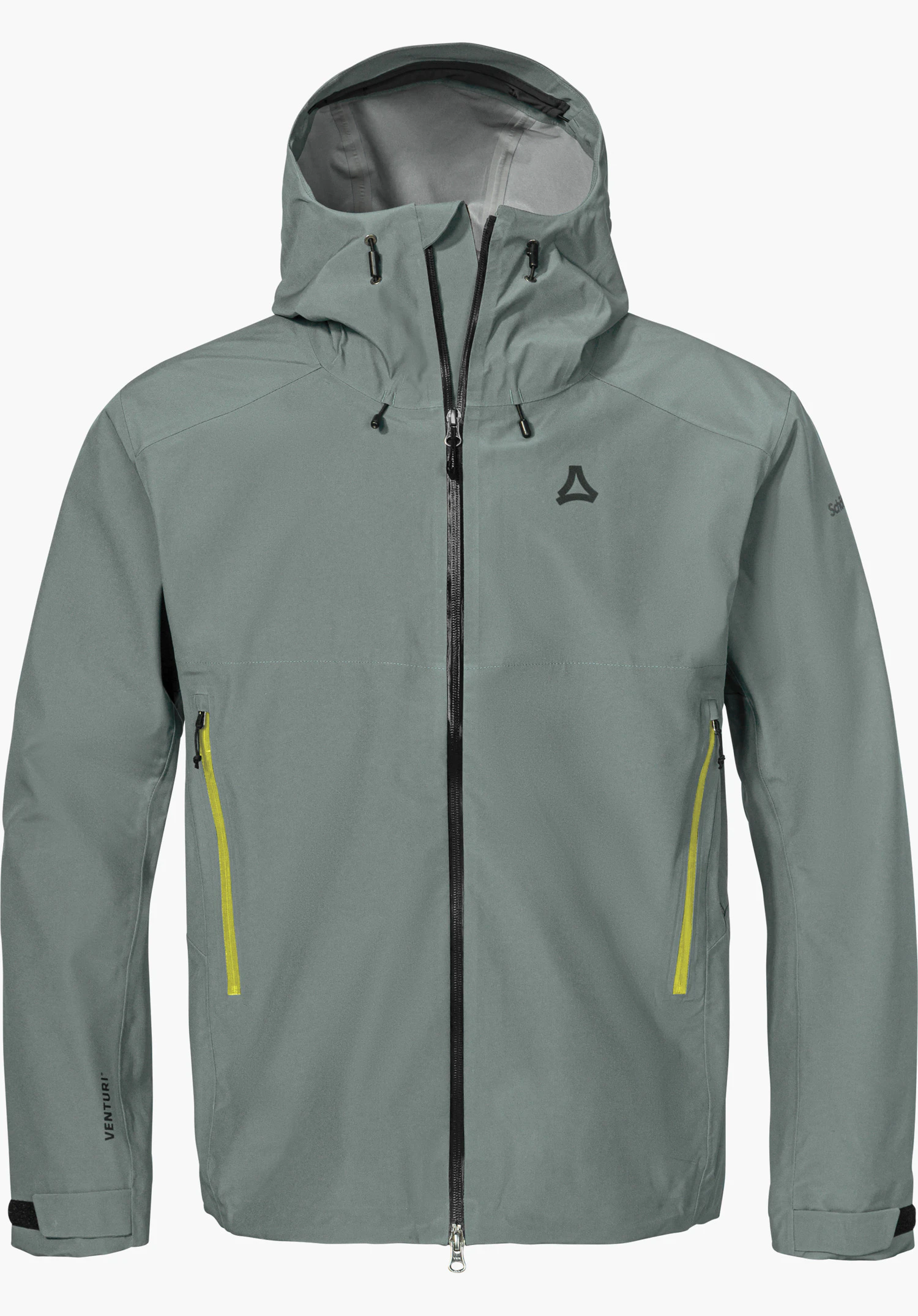 Jacket Style Cascata MEN in grau mit Kapuze, farblich abgesetzten Reißverschlüssen und Schöffel-Logo in Frontansicht freigestellt vor weißem Hintergrund.
