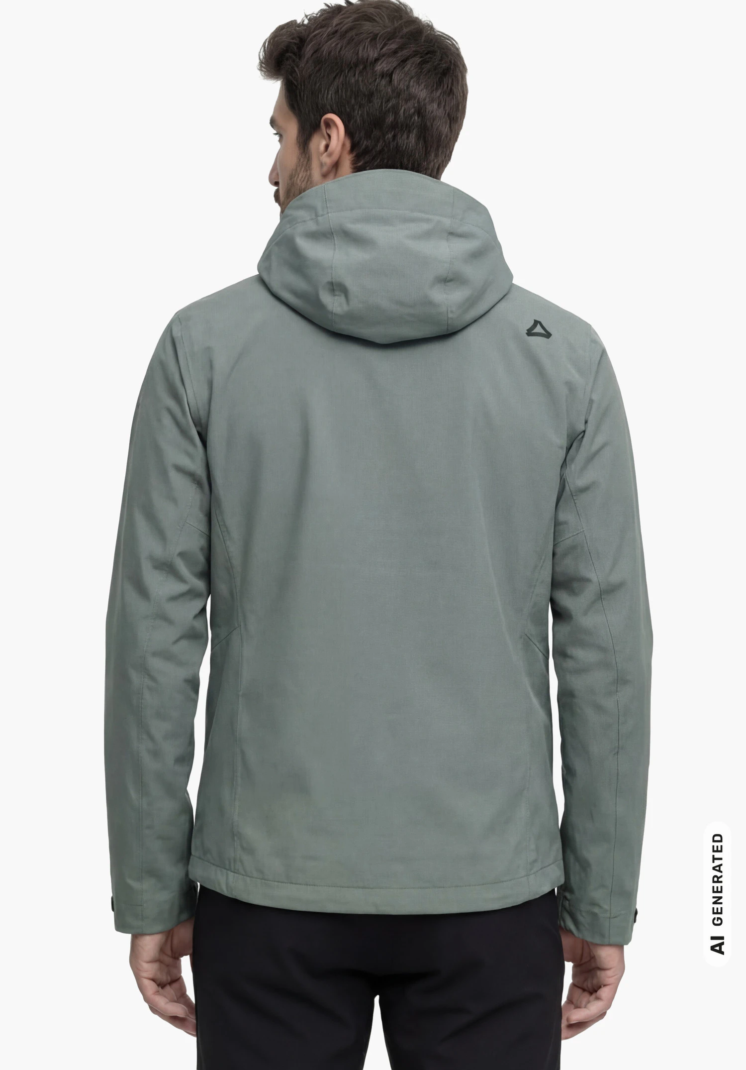 Jacket Style Cascata MEN in grey with hood and visible Schöffel logo on the left shoulder, worn by a male model standing upright and shown from the back against a white background. (AI-generated)