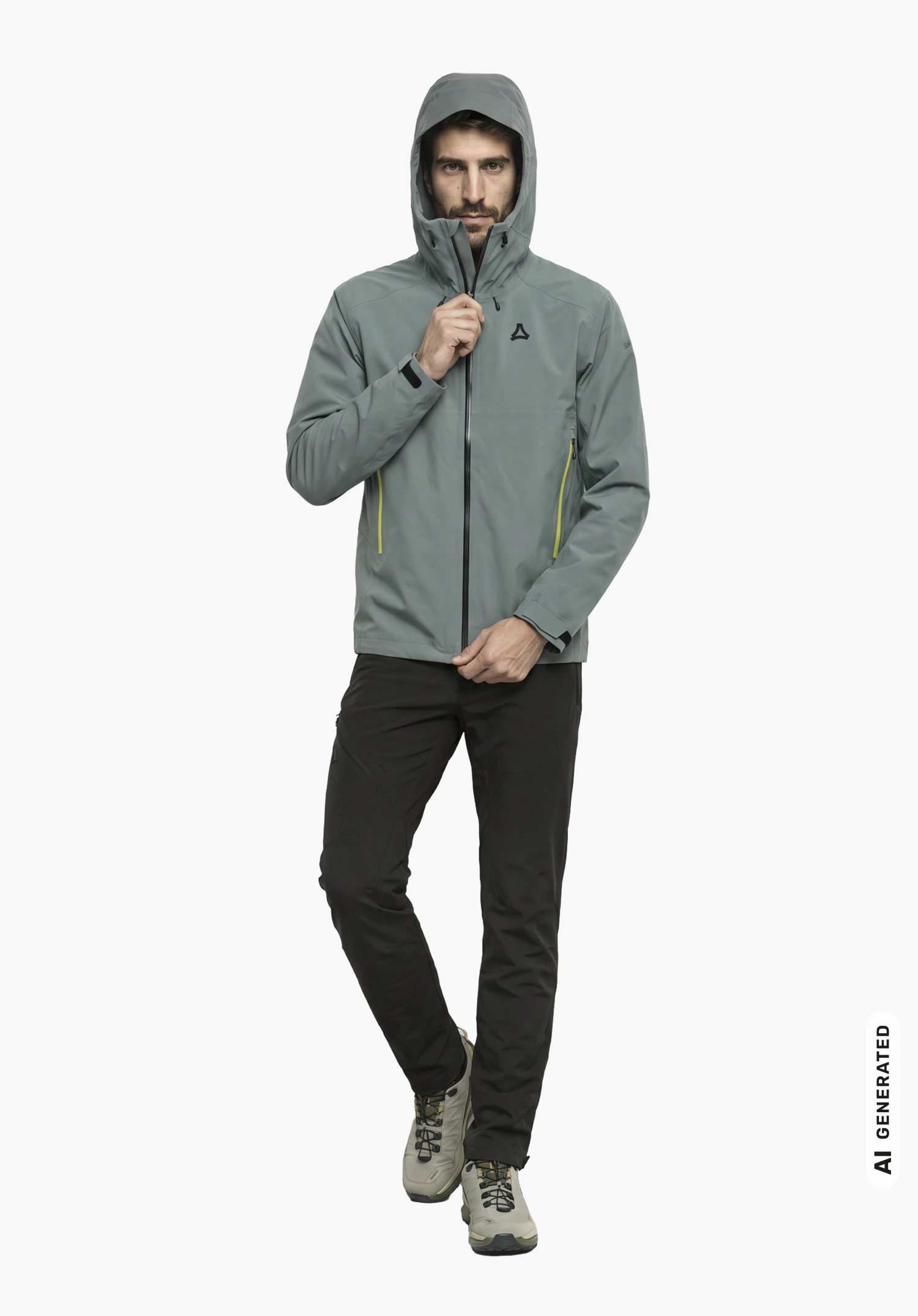 Jacket Style Cascata MEN in grey featuring the Schöffel logo, worn by a male model standing upright in a slight profile view with the hood up, closing the zipper, against a white background. (AI-generated)