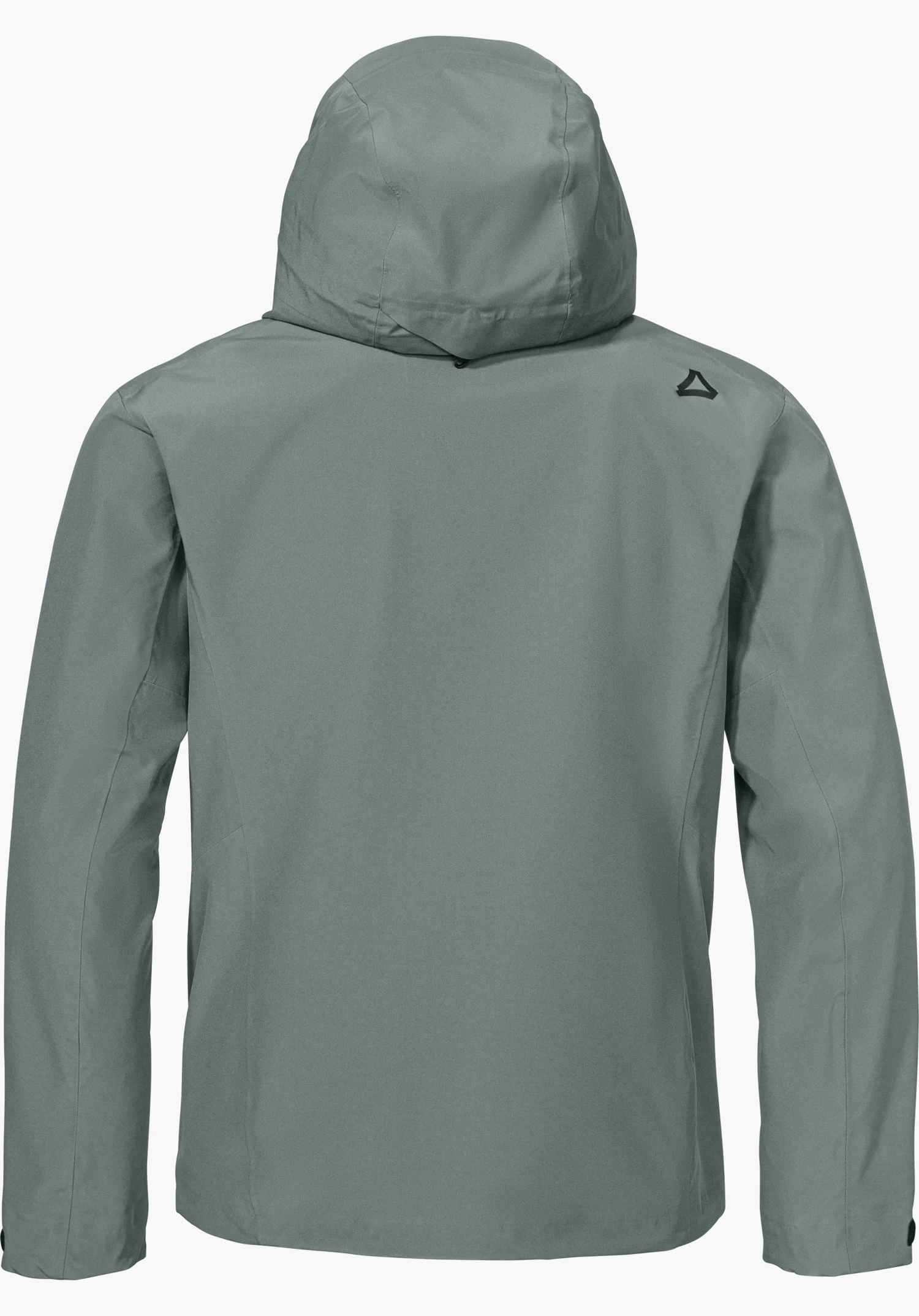 Jacket Style Cascata MEN in grey, shown from the back with a hood and black Schöffel logo on the right shoulder, isolated on a white background.