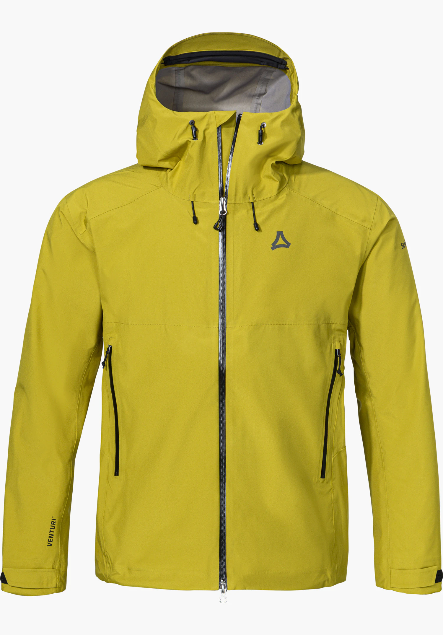 Jacket Style Cascata MEN in gelb mit Kapuze, Frontreißverschluss und Schöffel-Logo in Frontansicht freigestellt vor weißem Hintergrund.