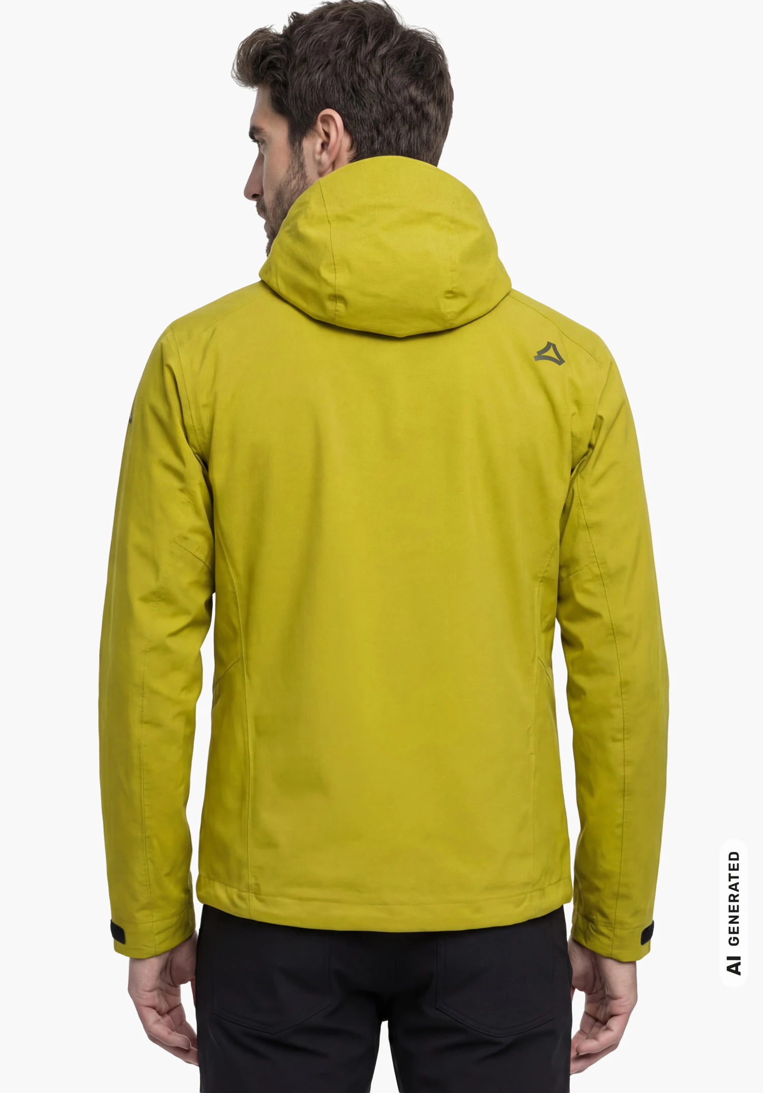 Jacket Style Cascata MEN in yellow with Schöffel logo on the right shoulder, worn by a male model standing upright and shown from the back with arms hanging down against a white background. (AI-generated)