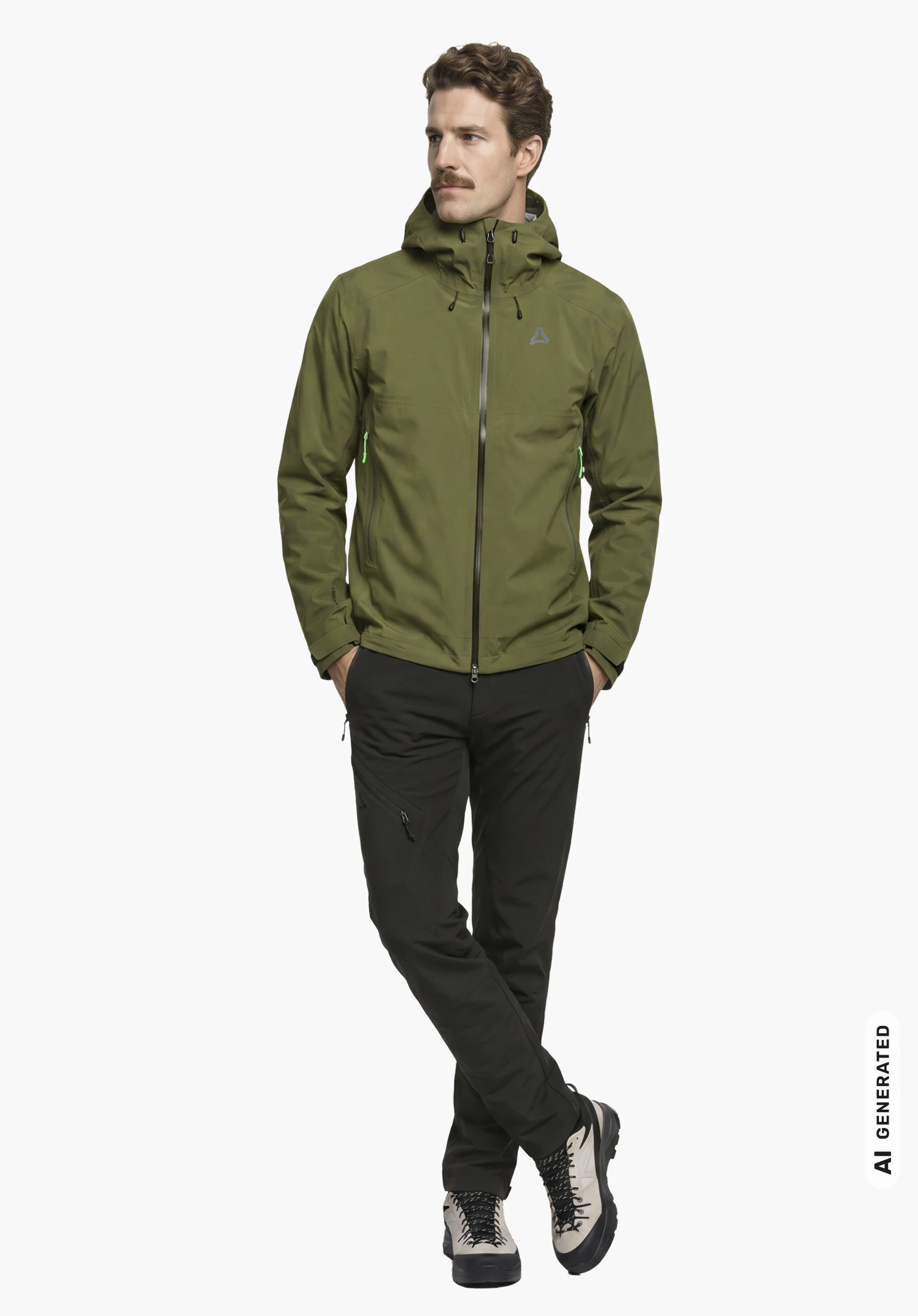 Jacket Style Cascata MEN in green with Schöffel logo, worn by a male model with hands in pockets in a slight side view against a white background. (AI-generated)
