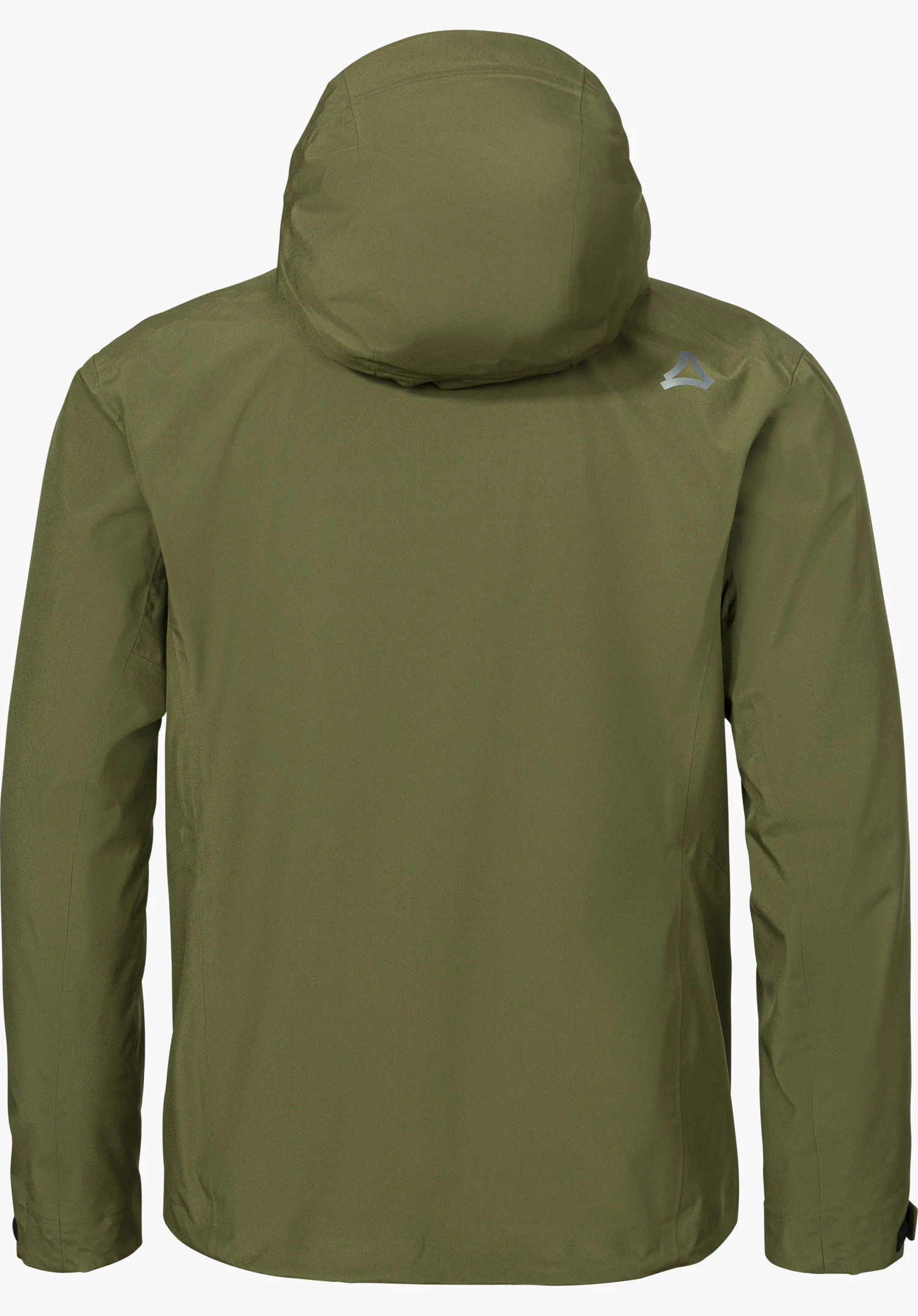 Jacket Style Cascata MEN in green, shown from the back with a hood and reflective Schöffel logo on the right shoulder, isolated on a white background.