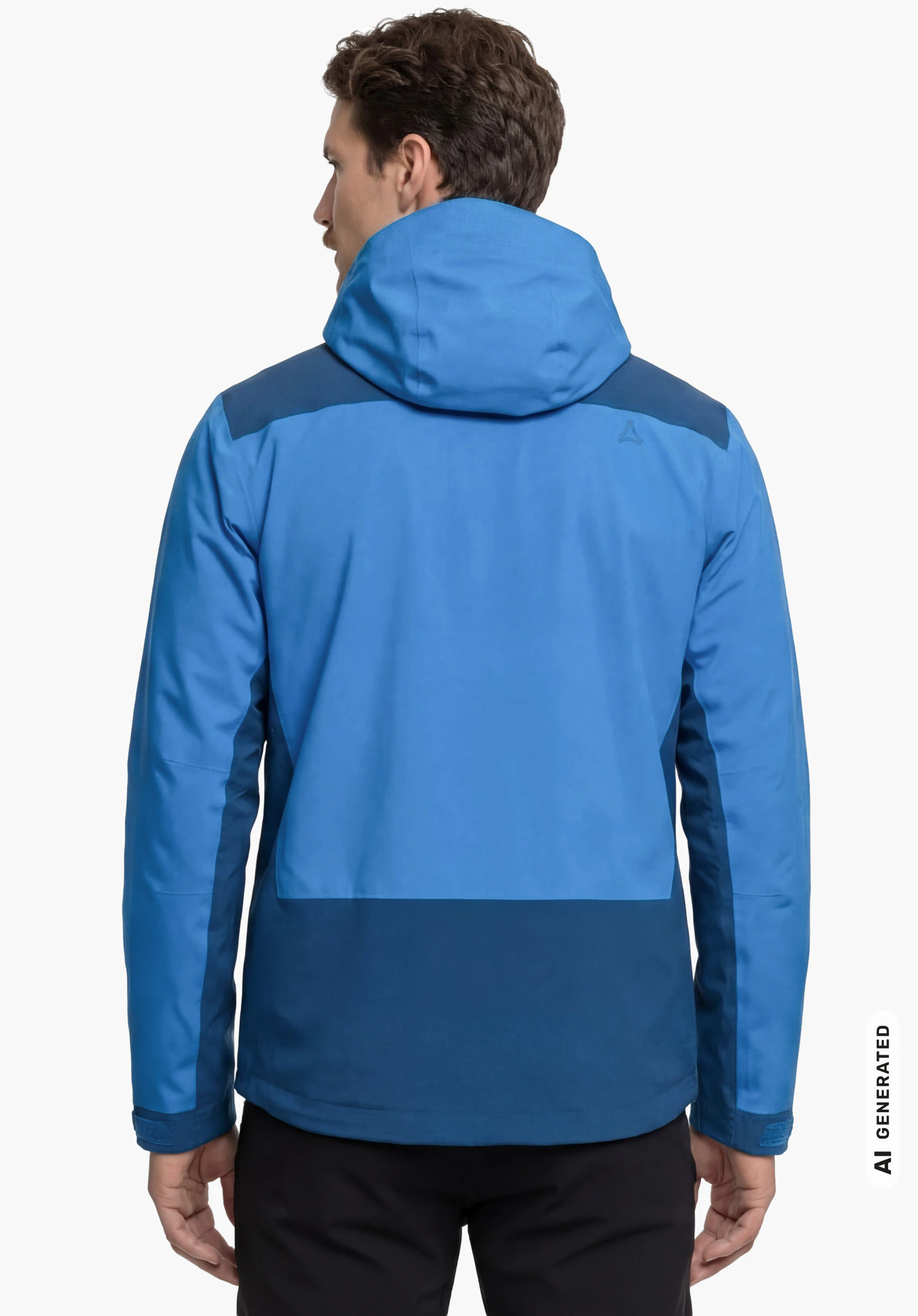 2L Jacket Style Refoca MEN in blue, worn by a male model standing upright and shown from the back with visible Schöffel logo against a white background. (AI-generated)