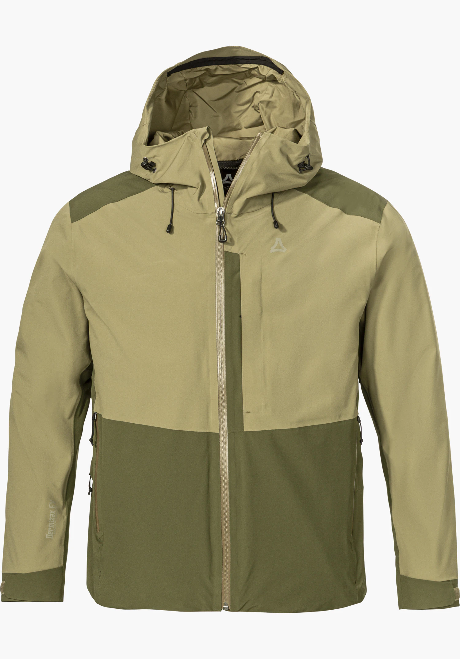 2L Jacket Style Refoca MEN in green with a hood, front zipper and Schöffel logo, shown from the front and isolated on a white background.