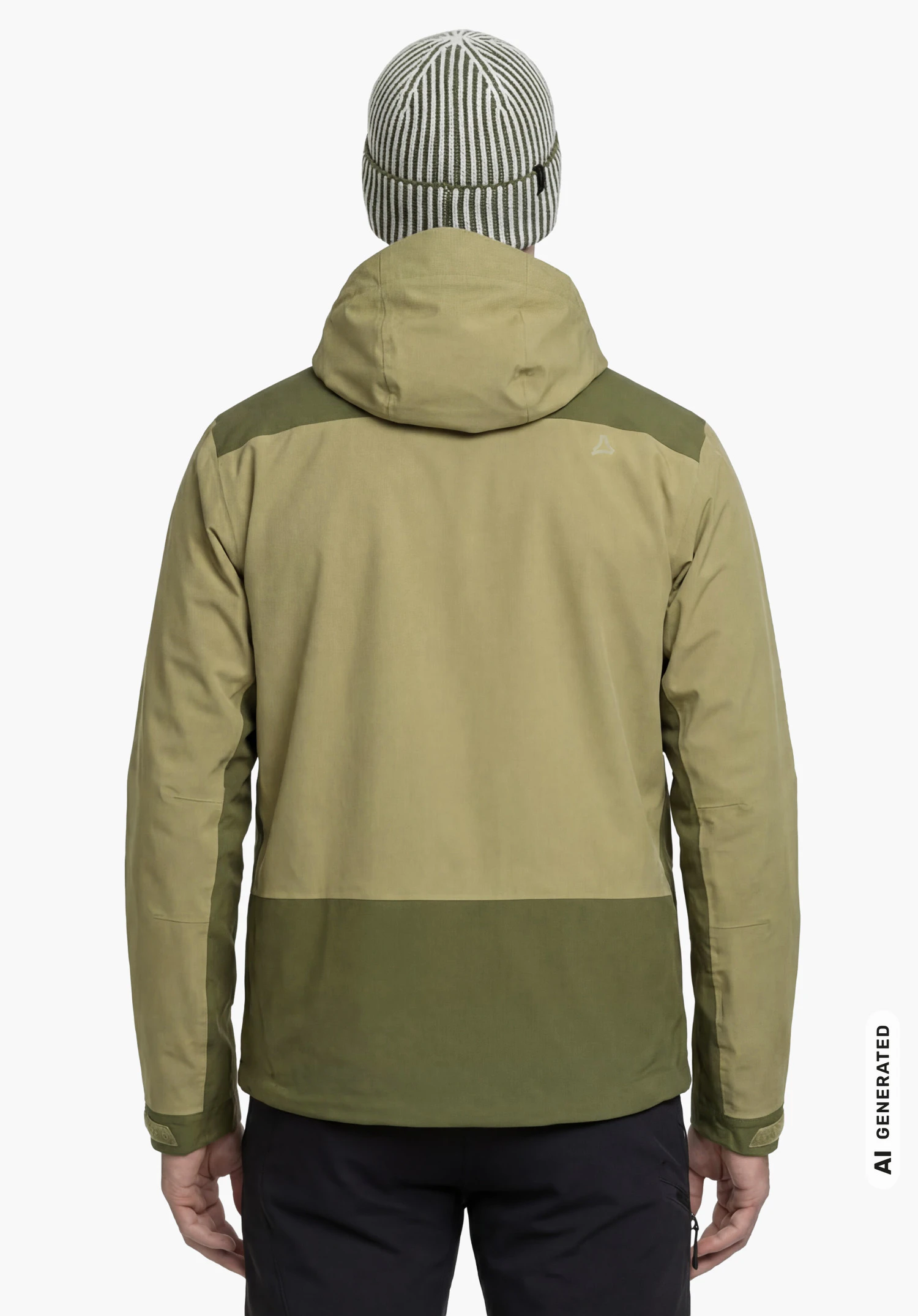 2L Jacket Style Refoca MEN in green with visible Schöffel logo on the shoulder and hood up, worn by a male model shown from the back with relaxed arms hanging down against a white background. (AI-generated)