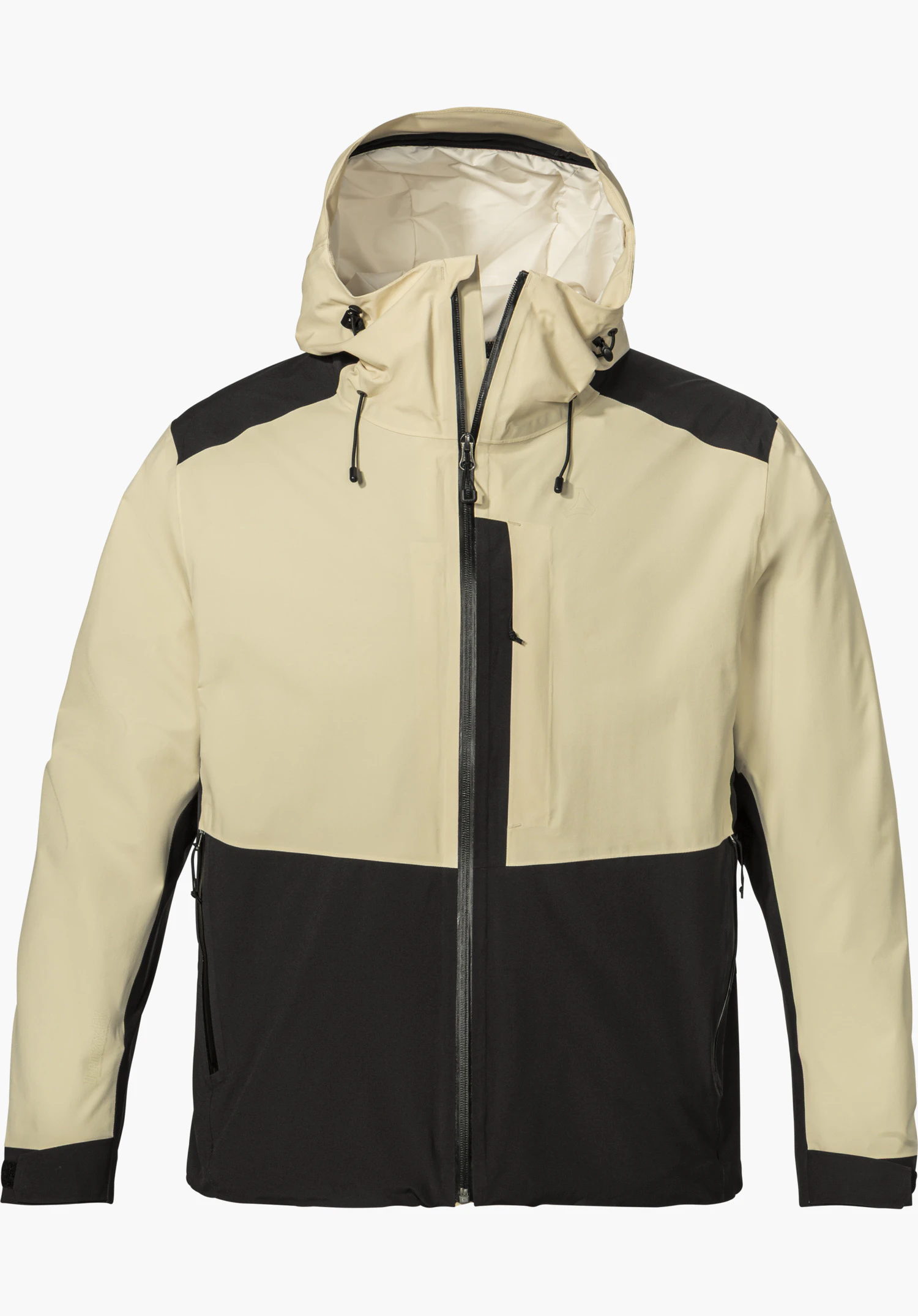 2L Jacket Style Refoca MEN in beige with a hood, contrasting black panels and front zipper, isolated on a white background.