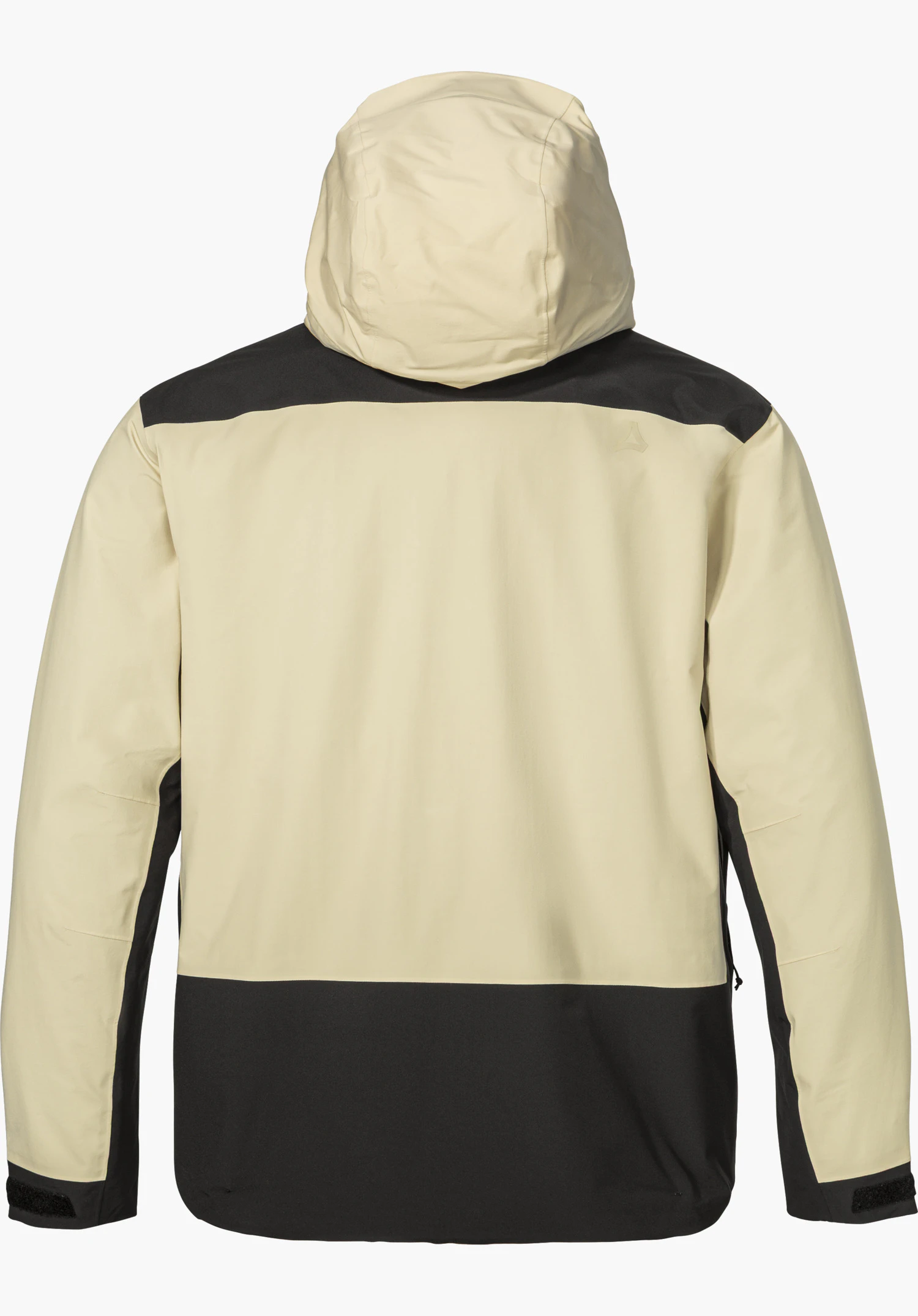 2L Jacket Style Refoca MEN in beige, shown from the back with a hood and black Schöffel logo, isolated on a white background.
