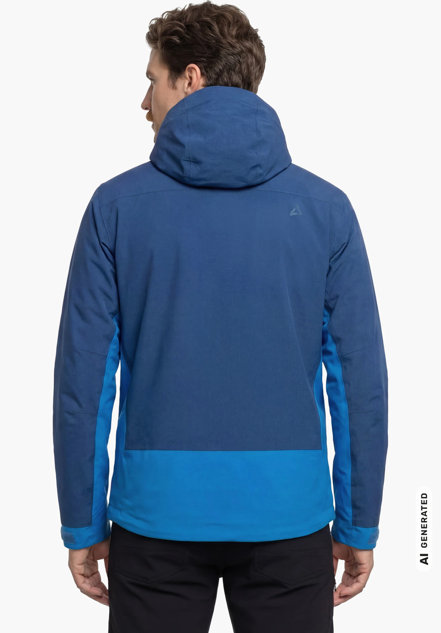 3in1 Jacket Style Refoca MEN in blue with Schöffel logo, worn by a male model standing upright and shown from the back with arms hanging down and the hood up against a white background. (AI-generated)