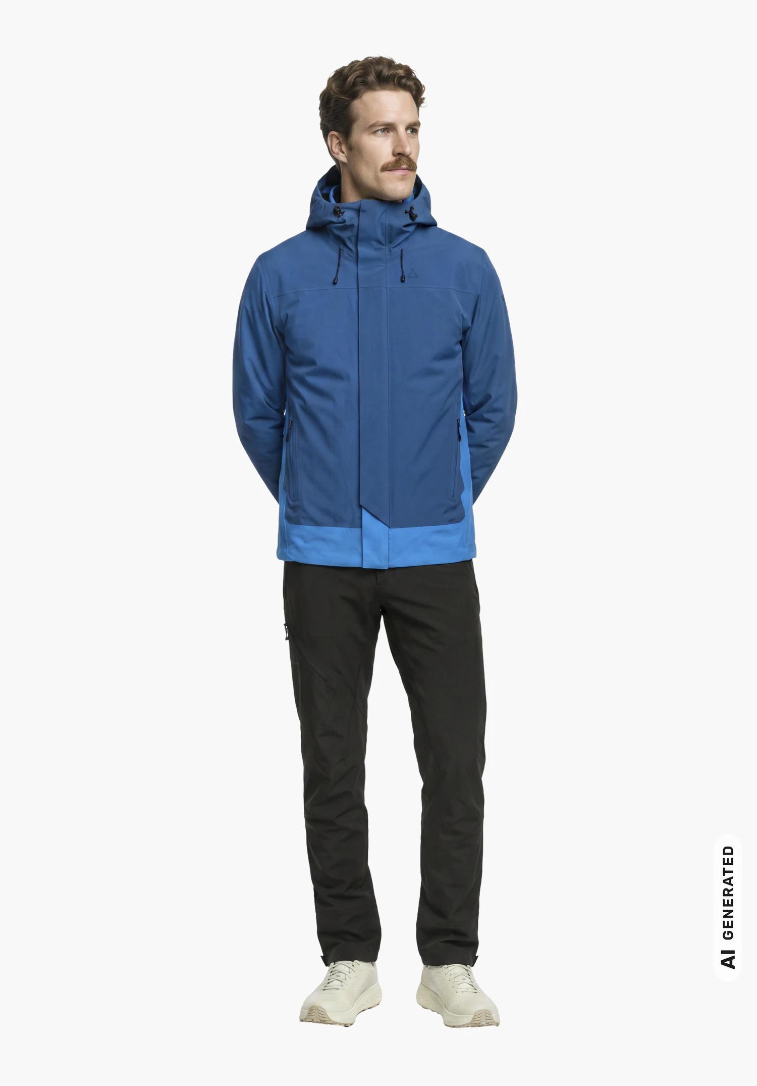 3in1 Jacket Style Refoca MEN in blue with Schöffel logo, worn by a male model standing upright with arms crossed behind his back in a side view against a white background. (AI-generated)