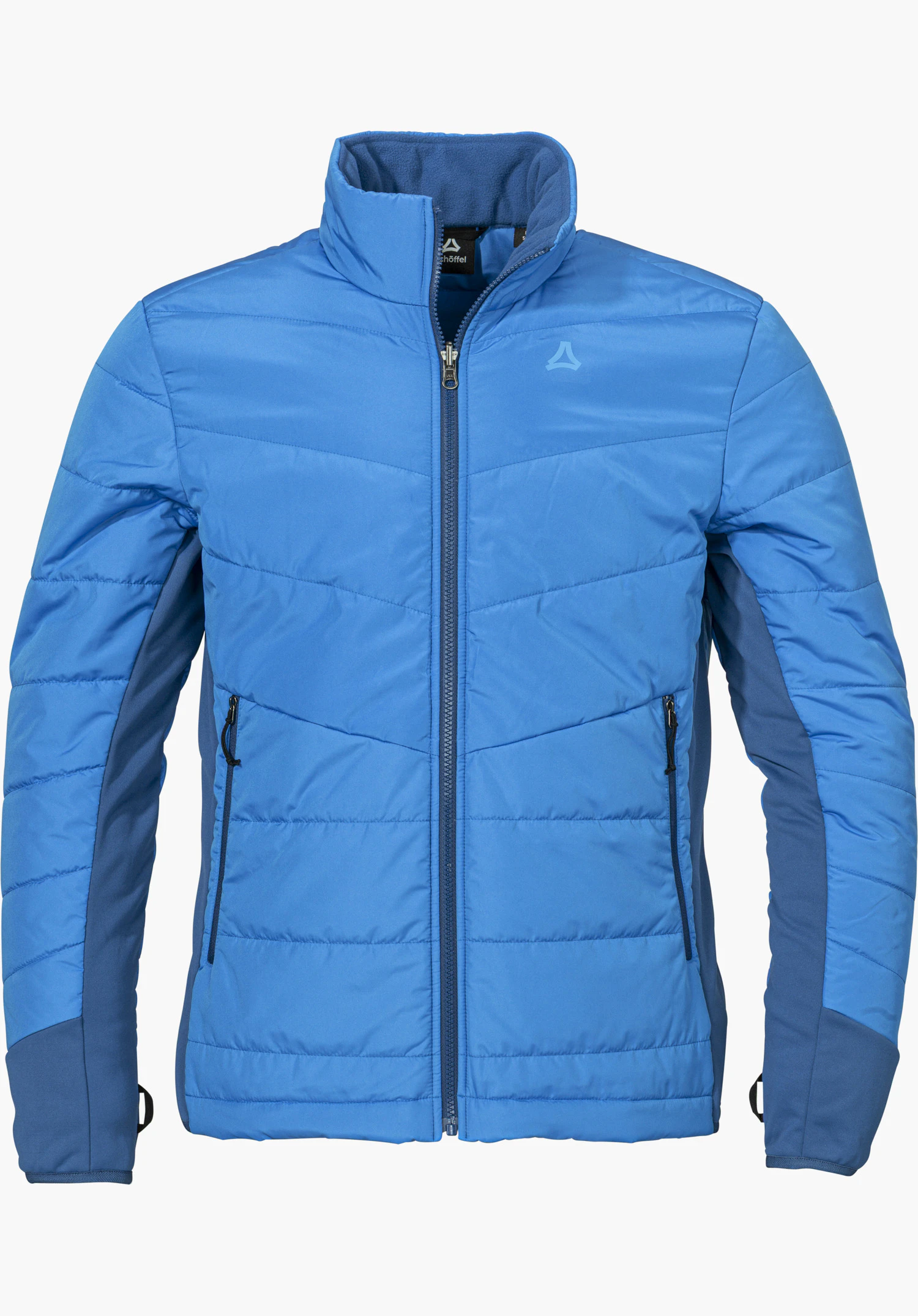 3in1 Jacket Style Refoca MEN in Blau mit Stehkragen, Frontreißverschluss, zwei Reißverschlusstaschen und silbernem Schöffel-Logo auf der Brust freigestellt vor weißem Hintergrund.