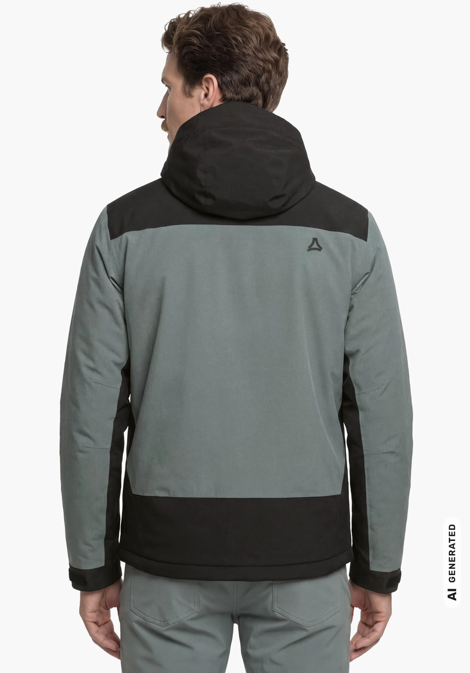 3in1 Jacket Style Refoca MEN in grey with Schöffel logo, worn by a male model standing upright and shown from the back with a hood against a white background. (AI-generated)