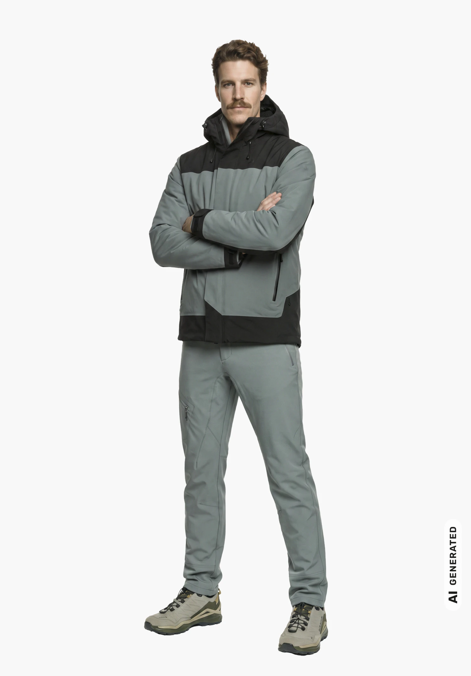 3in1 Jacket Style Refoca MEN in grey, shown in a side view worn by a male model with crossed arms and a hood against a white background. (AI-generated)