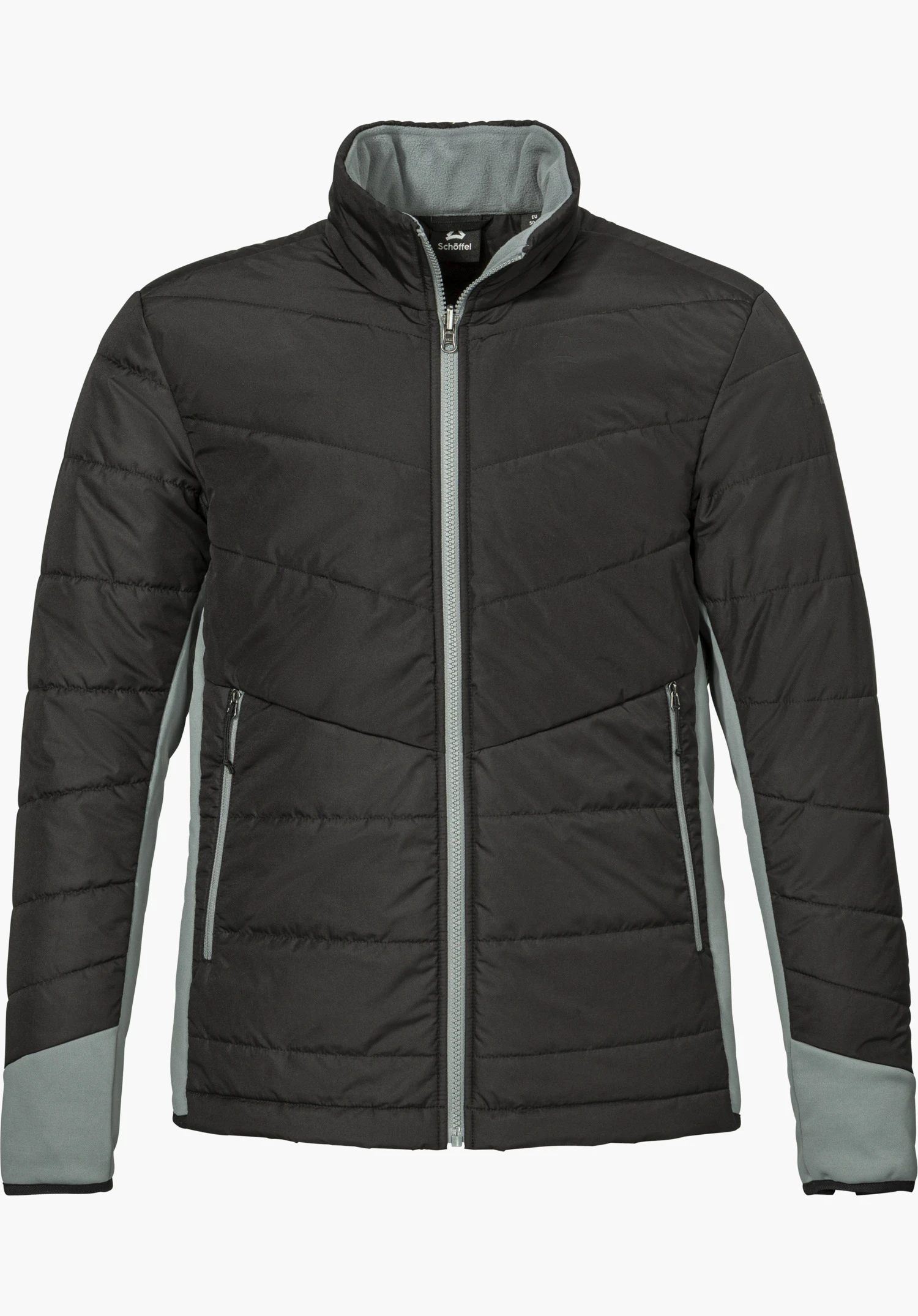 3in1 Jacket Style Refoca MEN in grau mit durchgehendem Reißverschluss, grauen Einsätzen an den Seiten und sichtbarem Schöffel-Logo am Kragen freigestellt vor weißem Hintergrund.