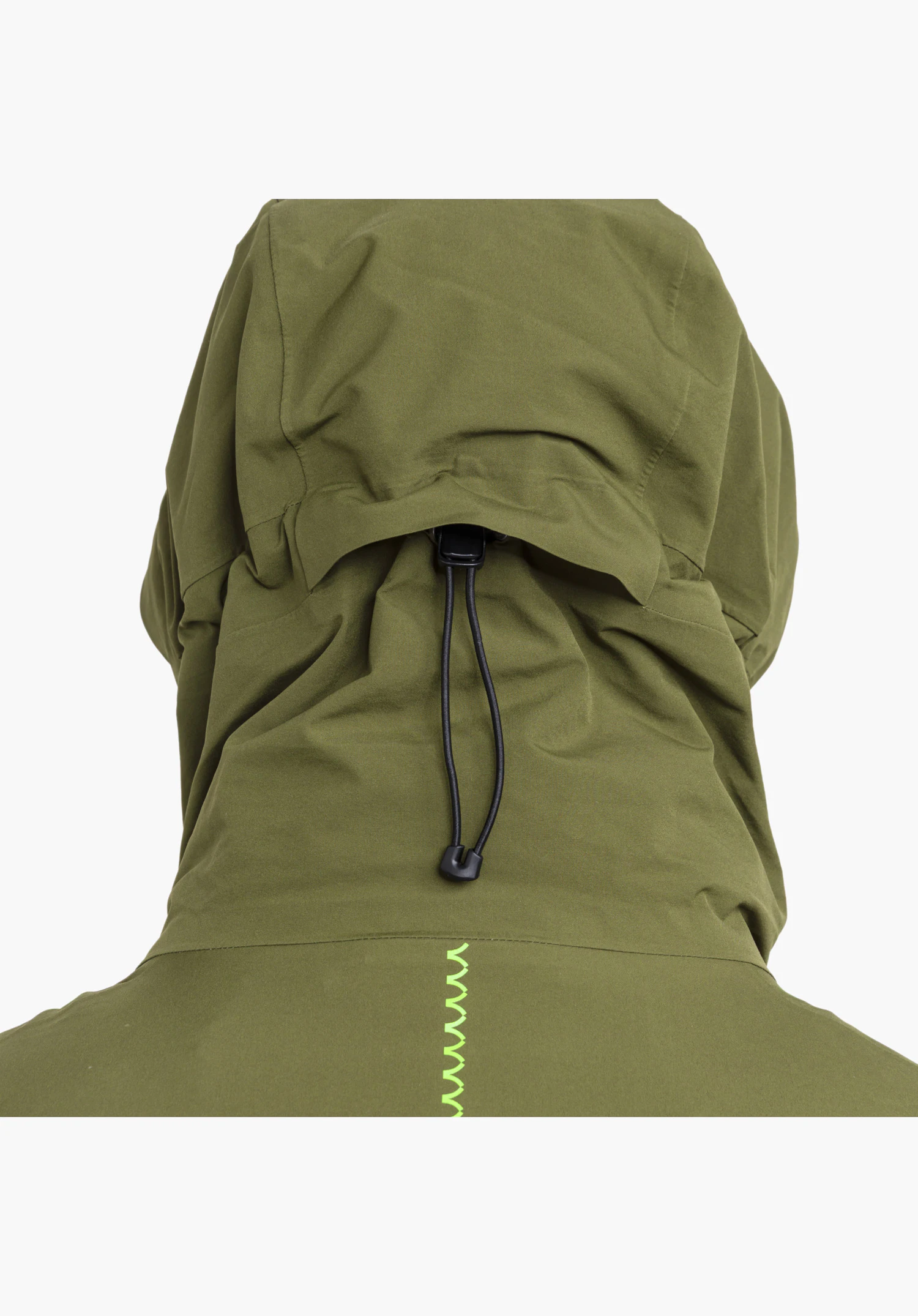 3in1 Jacket Style Refoca MEN detail view of the green hood with integrated drawcord and stopper close-up against a white background.