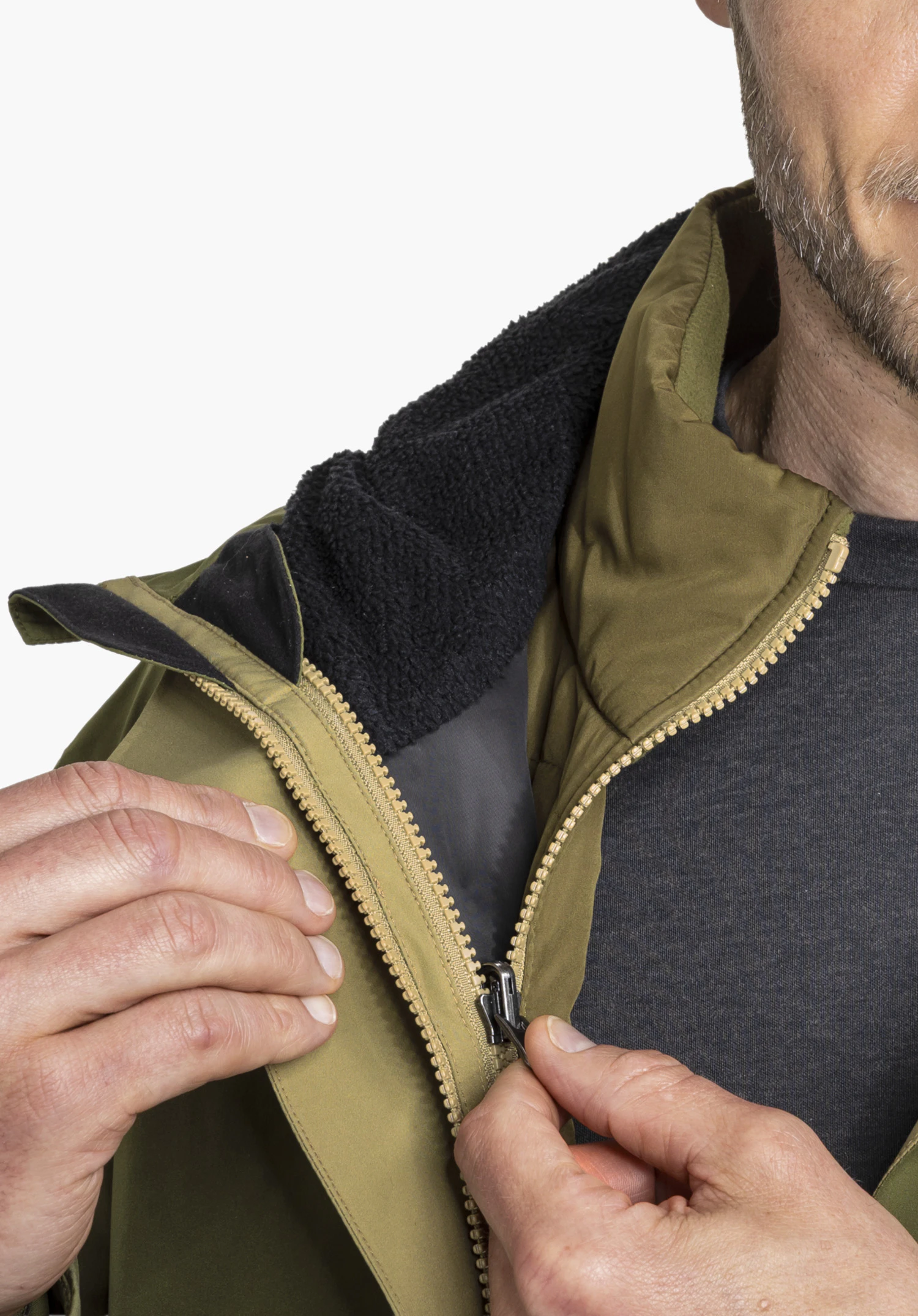 3in1 Jacket Style Refoca MEN in green, worn by a male model standing upright in a side view opening the zipper against a neutral background. (AI-generated)