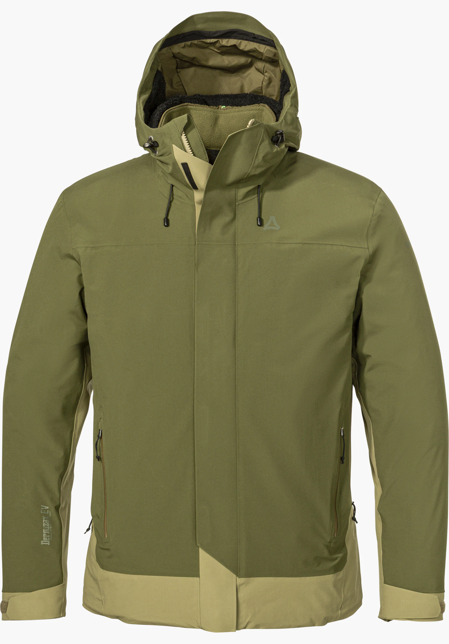 3in1 Jacket Style Refoca MEN in green with a hood and Schöffel logo, shown from the front and isolated on a white background.
