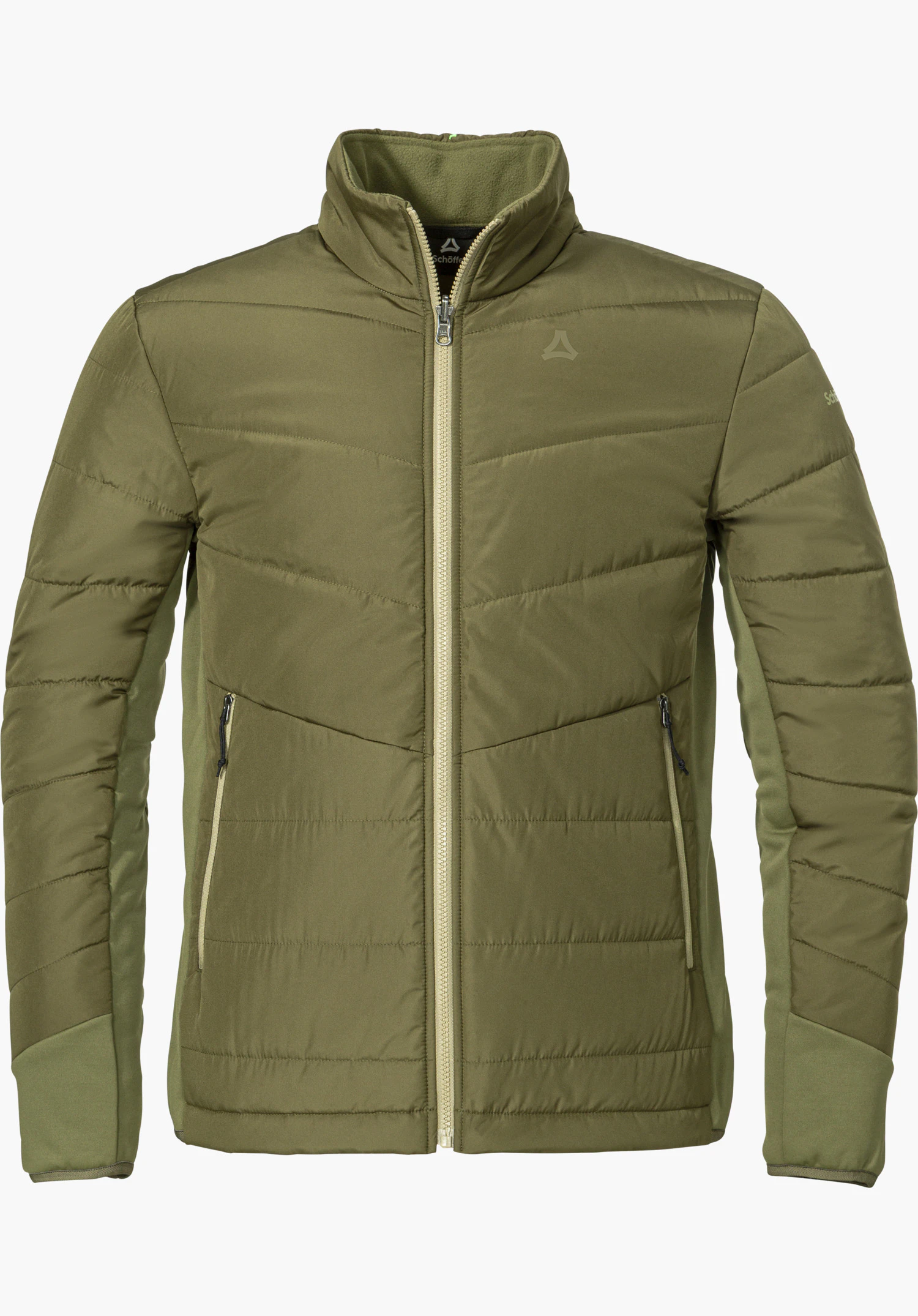 3in1 Jacket Style Refoca MEN in grün mit durchgehendem Reißverschluss, Stehkragen und dezentem Schöffel-Logo, freigestellt vor weißem Hintergrund.